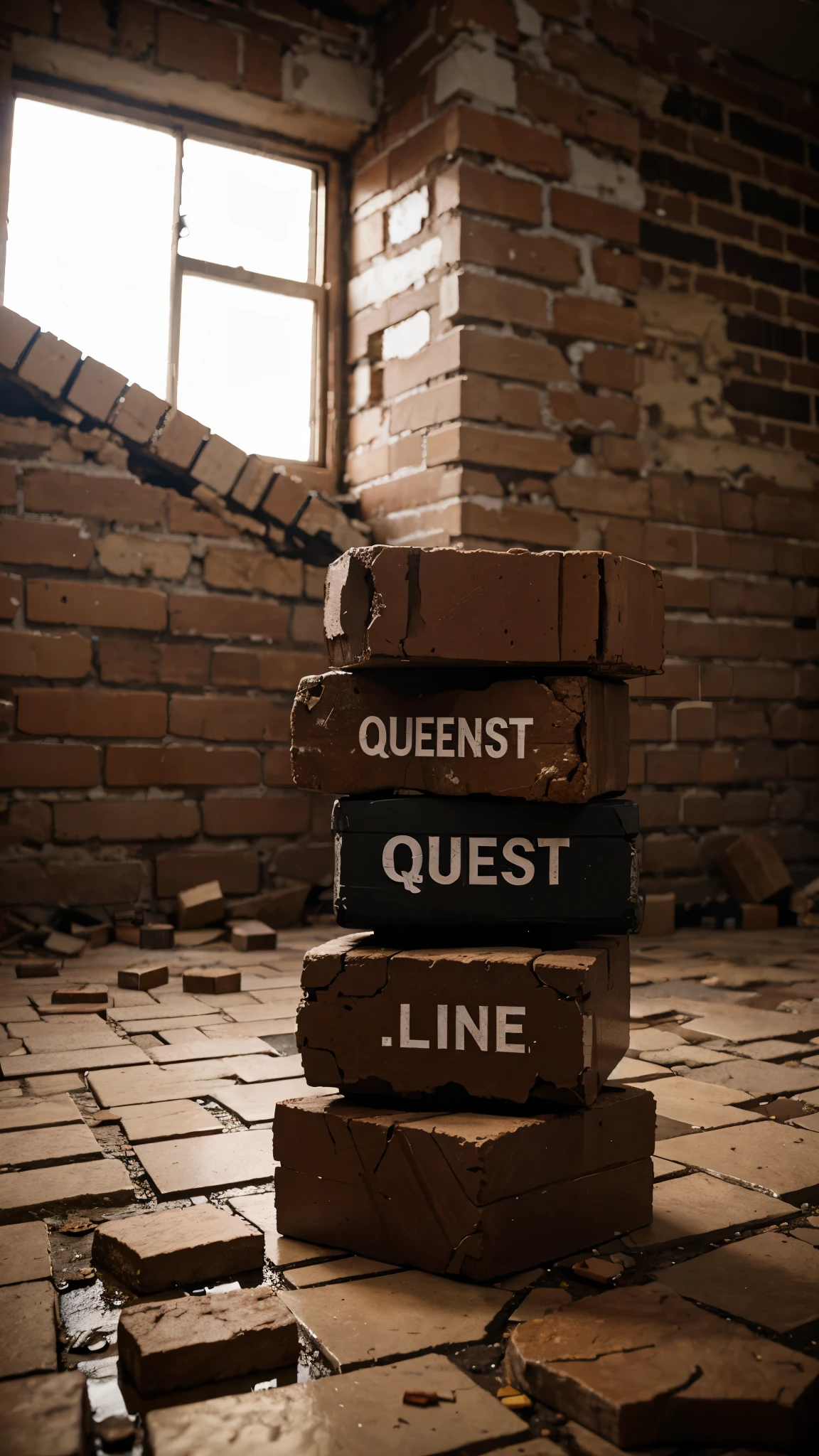 "Quest" title written on broken bricks