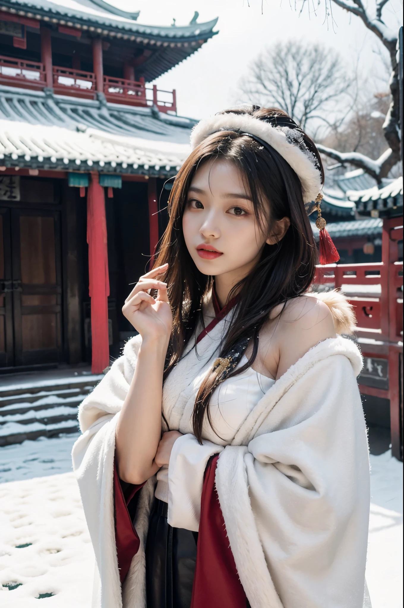 Best quality, tmasterpiece, A high resolution,8K,(realistically:1.4),超A high resolution,1 girl,(Ultra-realistic skin mapping), ultra - detailed, hyper realisitc, Very detailed CG illustration, offcial art, movie lighting,Long brown hair,Beautiful eyes, actual, Young and beautiful girl, perfect body figure, perfect body figure, full pov, perfect body figure,Enjoy the expressions,(Starting below:1.3), lacivious pose, long sexy legs, Self-confident, Beautiful Sexy, (Gorgeous Chinese Hanfu,short shoulder,S body posture, face flushed, Chapped lips, view the viewer , Semi-body shot , (fur-edged cloak) ,(Ancient Chinese pavilions),It snowed heavily,The ground is covered with snow,