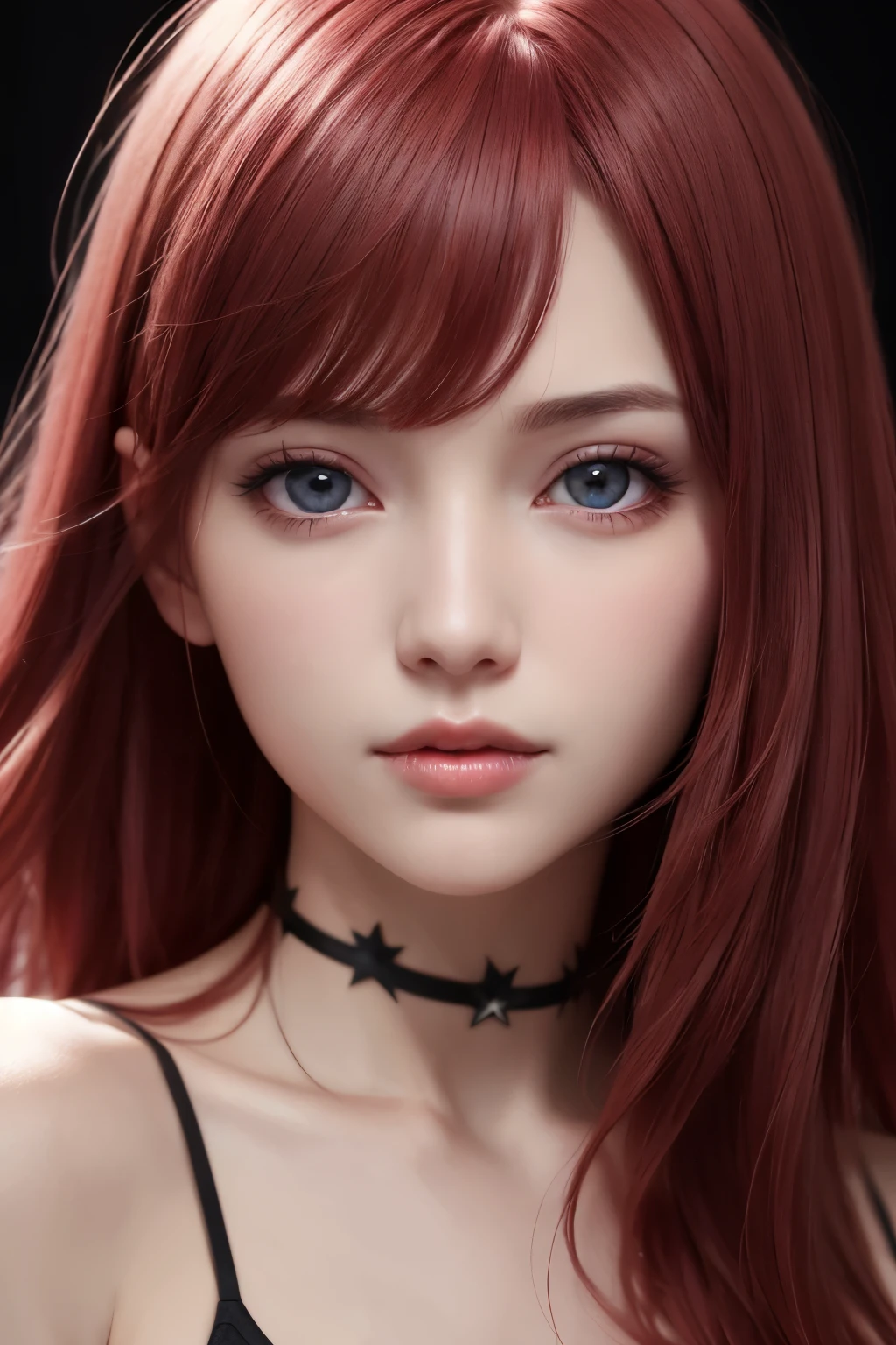 1girl, star eye, blush, perfect illumination, red hair, red eyes, unreal engine, sidelighting, detailed face, bangs, bright skin, simple background, dark background,
