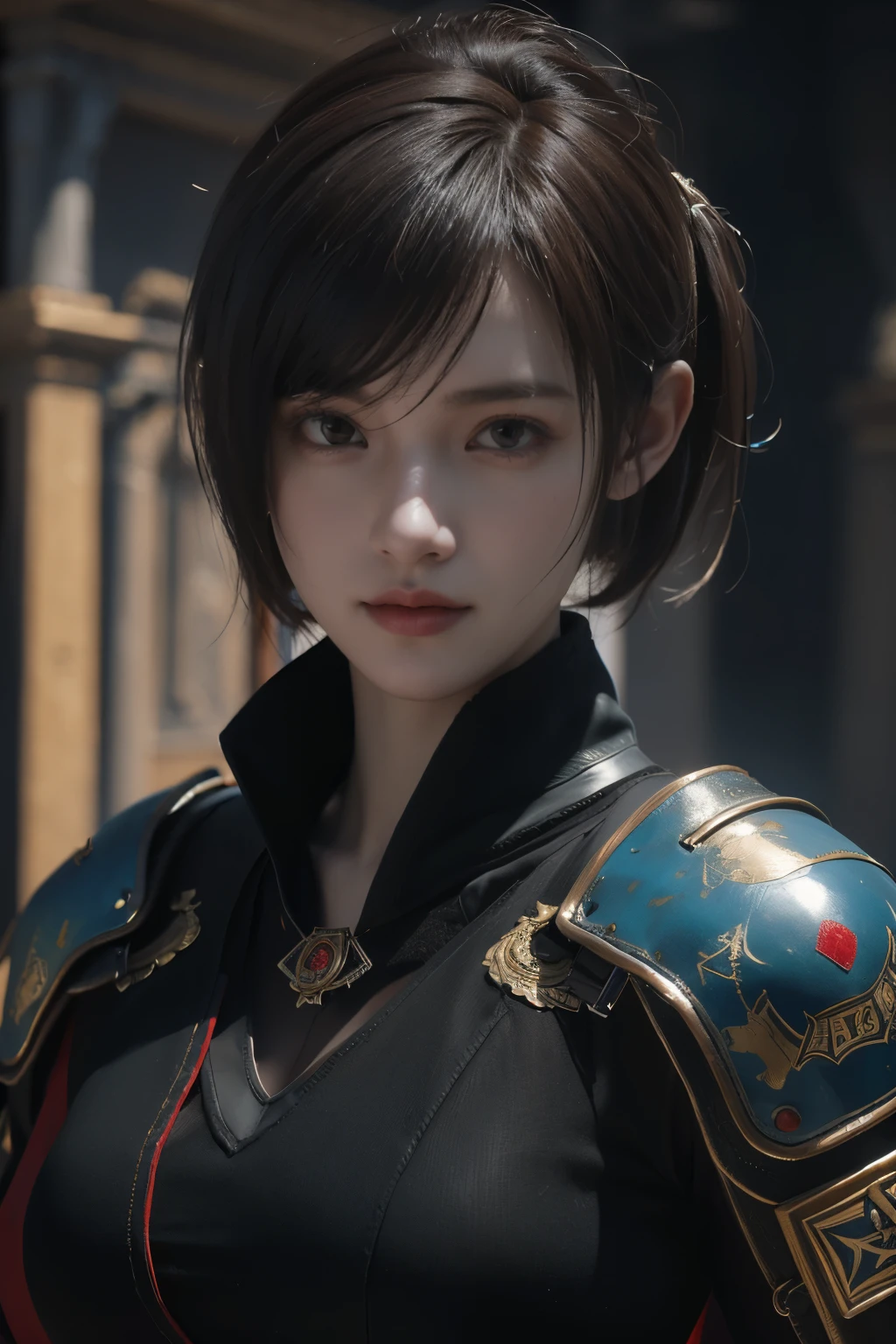 Masterpiece,Game art,The best picture quality,Highest resolution,8K,(Portrait),Unreal Engine 5 rendering works,(Digital Photography),
Girl,Beautiful pupil,(Gradual short hair is blue and red),Busty,(Big breasts),(Portrait photography:1.5),
(Soldiers of the ancient fantasy style),Ancient soldier armor,(The armor is inlaid with leather and metal,Combat accessories,Joint Armor,Cloak,A fine badge pattern on the dress,Red and black),Ancient fantasy style characters,
Movie lights,Ray tracing,Game CG,((3D Unreal Engine)),OC rendering reflection pattern