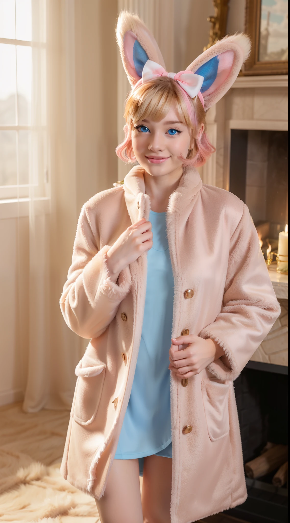 masterpiece, best quality, HD, ultra-detailed, vivid colors, Pokemon Sylveon, pink Evee, Fairy pokemon, Psychic pokemon, (furry:1.35), humanoid, humanization, anthropomorphic, on 2 legs, beautiful detailed blue eyes, big blue eyes, girly environment, Pink color palette, ((vanilla fur)), long pink fluffy tail and ears, detailed pink hair color, beautiful long pink bangs of hair with bows, curly strands of hair with bows, ((vanilla color cloth, cloth with mantle, fur coat:1.25)), butterflies floating around, happy pose, fluffy clouds in the sky