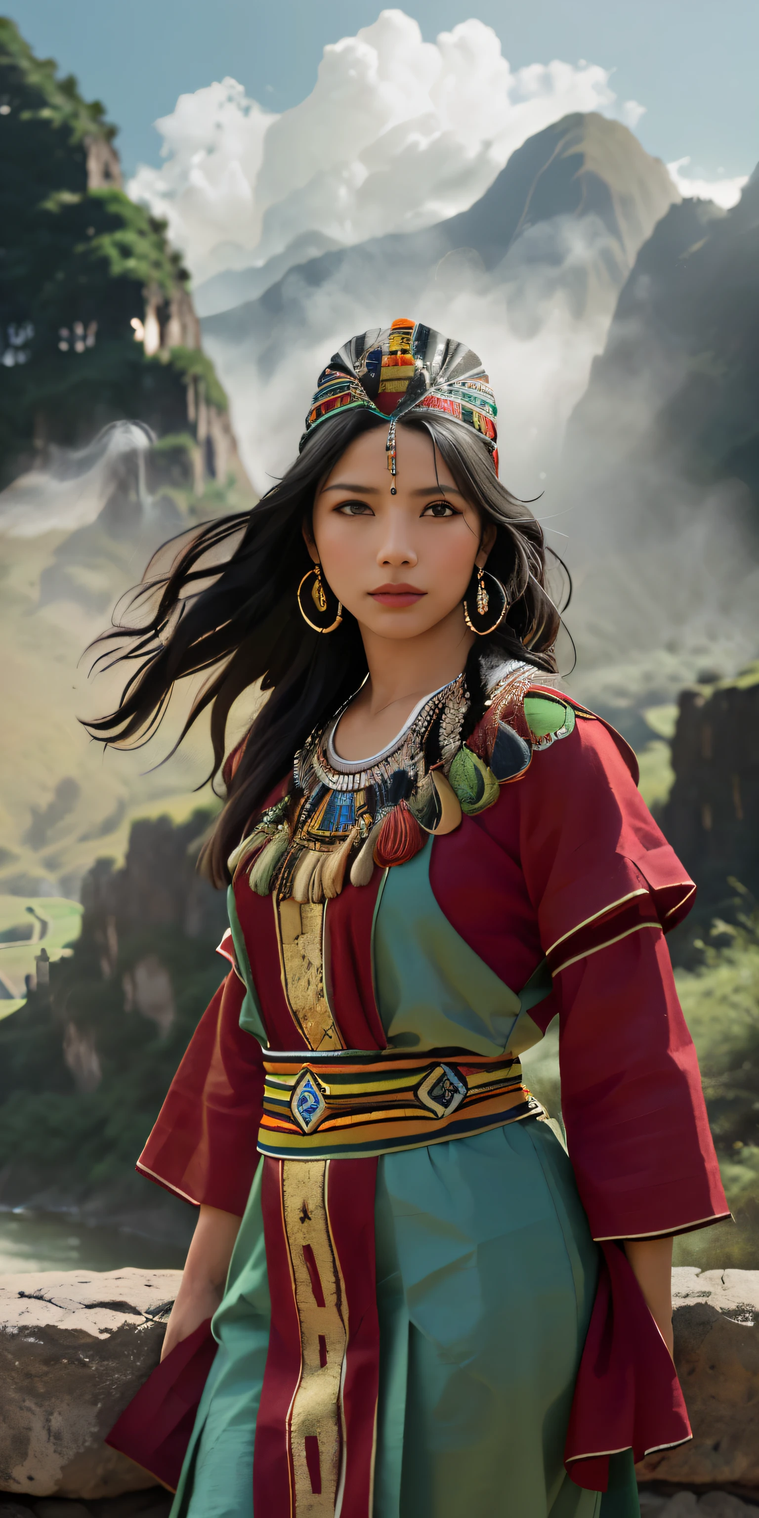 ((realistic: 1.9)),((best quality)), ((masterpiece)),((detailed)), (1 Peruvian girl), {a beautiful Inca woman wearing, (upper body: 1.3), { fully dressed in traditional zomi dress that is green red black color mix , super wide angle lens, facial focus, mature, sexy, toned muscles, long legs, curves, barefoot, full Inca costume, thick thighs, wide hips, thin legs, dark eyes, long black hair, floating hair, long eyelashes, (detailed face, beautiful eye, detailed pupils, detailed features of Inca clothing, light background: 1.3), mysterious ancient Inca ruin, lush forests, deep canyons, bridge, river, cliff, cloud, lakes, rock, waterfalls, flowers, grass, fog, vine, tree, smoke, best shadow, bright details, sharp, perfect composition, intricate, sharp focus, dramatic, (specular lighting: 1.3), edge light, Inca landscape, fully clothed,