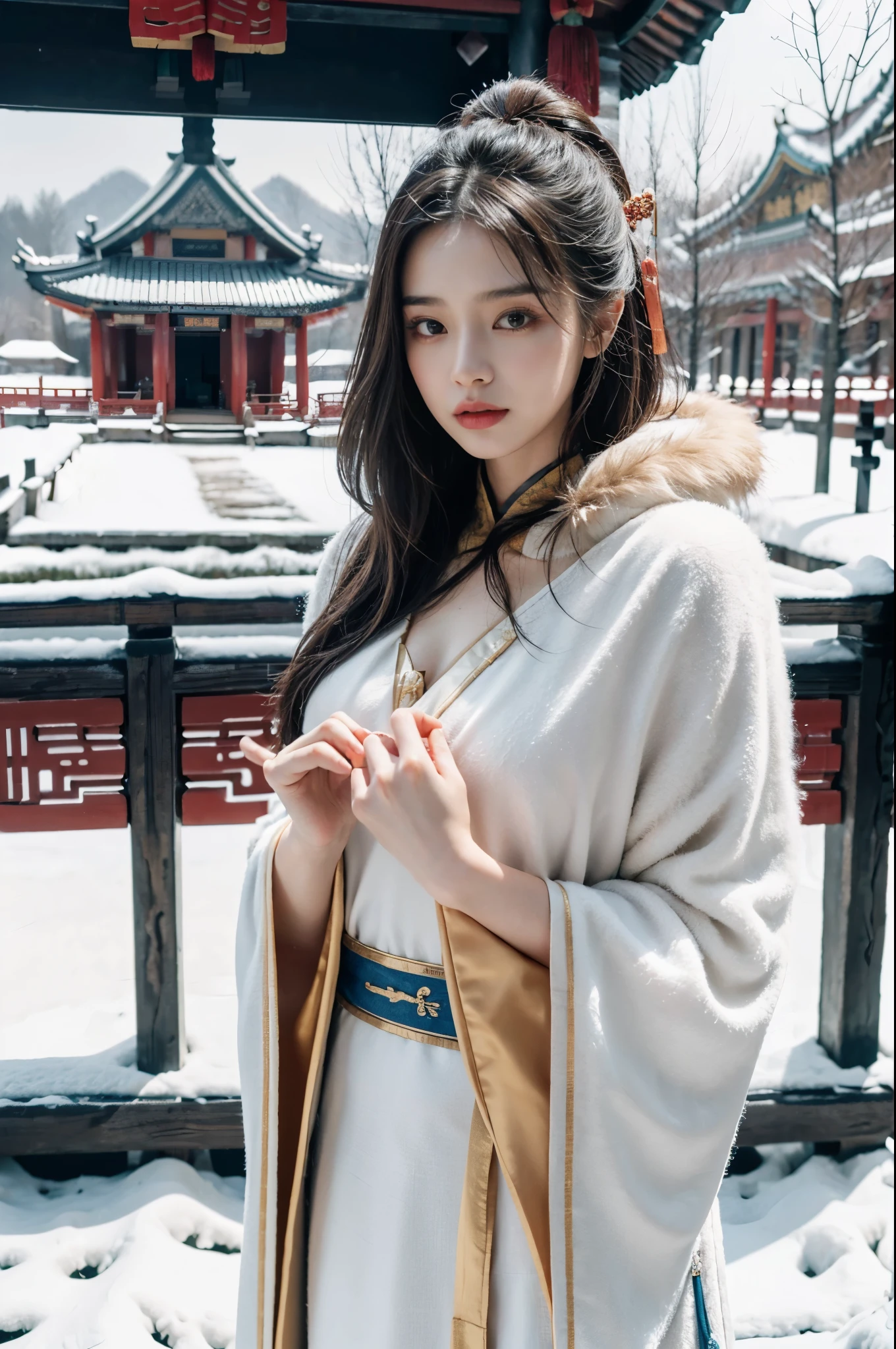 Best quality, tmasterpiece, A high resolution,8K,(realistically:1.4),超A high resolution,1 girl,(Ultra-realistic skin mapping), ultra - detailed, hyper realisitc, Very detailed CG illustration, offcial art, movie lighting,Long brown hair,Beautiful eyes, actual, Young and beautiful girl, perfect body figure, perfect body figure, full pov, perfect body figure,Enjoy the expressions,(Starting below:1.3), lacivious pose, long sexy legs, Self-confident, Beautiful Sexy, (Gorgeous Chinese Hanfu,short shoulder,S body posture, face flushed, Chapped lips, view the viewer , Semi-body shot , (fur-edged cloak) ,(Ancient Chinese pavilions),It snowed heavily,The ground is covered with snow,
