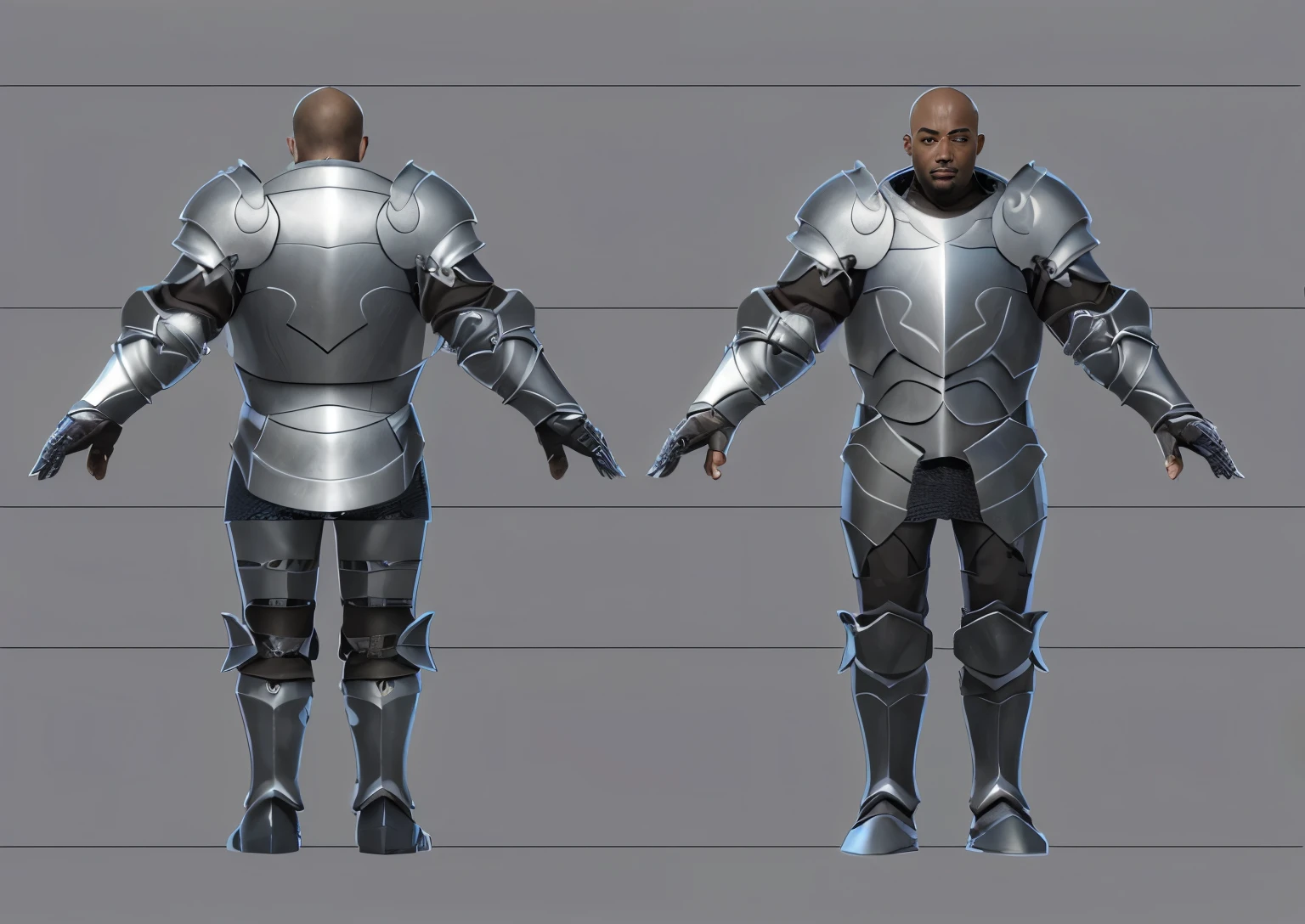 ( Realistic:1.33),(masterpiece:1.1),(highest quality:1.1),(HDR:1) a close up of a paladin with moonlit armor , full body concept, detailed full body concept, medieval paladin style character, full body character concept, new costume concept design, full body details, detailed full body concept art, full character body, character model sheet turnaround, fullbody shot turnaround, concept character sheet, full body concept art, reference model sheet , full body concept art, RPG style character, game character design, concept character, full body character concept art, 3d character reference sheet, male, video game character concept, detailed character design, character sheet, character model sheet turnaround , front and back, front and back, warrior armor, chainmail inside , medieval sleeve, (steel boot armor), moonlit shoulder armor, grey clean background, 3D character, ((detailed knee armor)), heavy armor