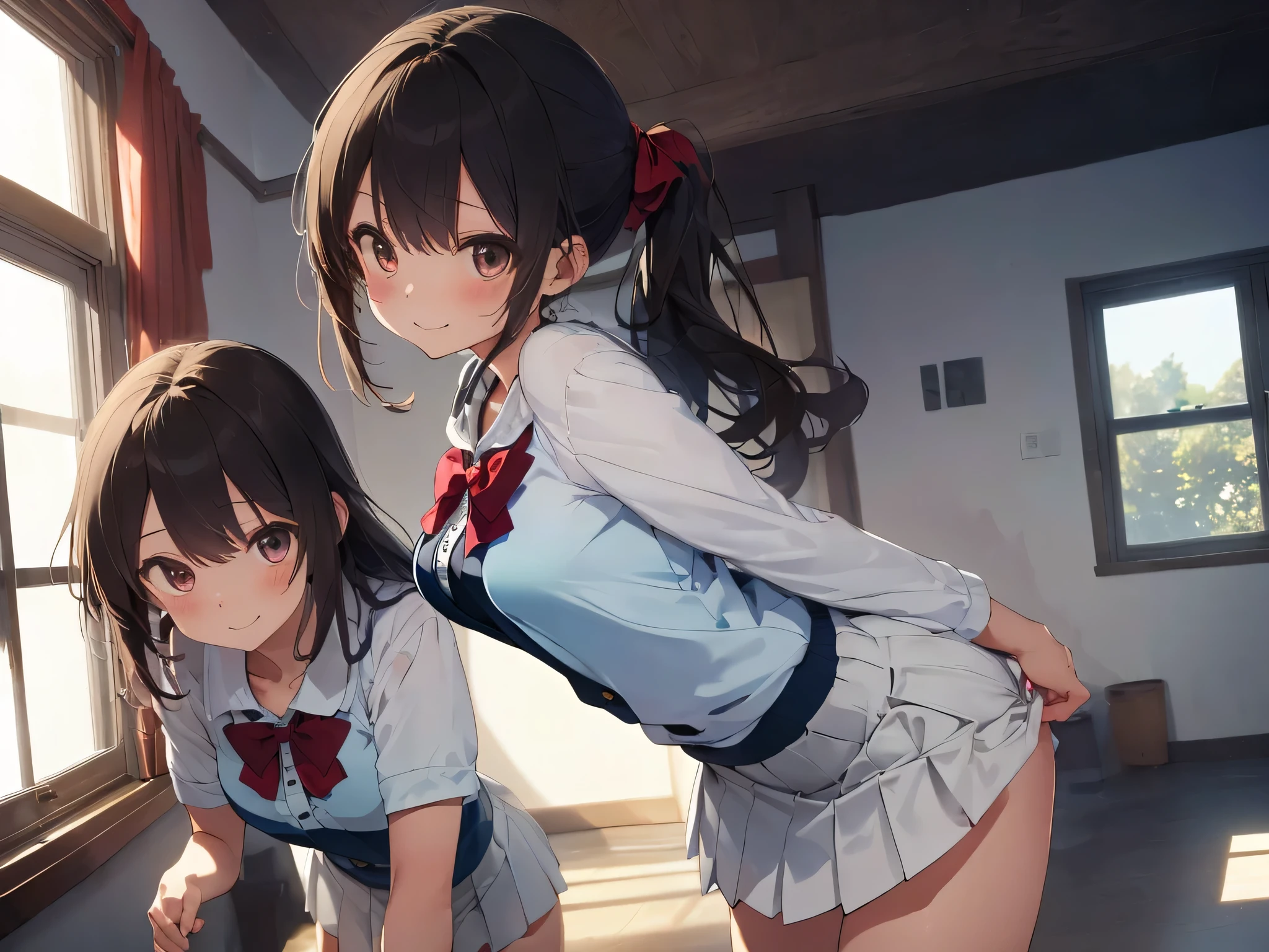 ((Highest quality)), ((masterpiece)), (detailed),Perfect Face,Strong light from the front,With front light,Two naked middle school sisters in a school clubroom open their clothes, take off their skirts and panties, and spread their legs wide open to show the camera a close-up of their naked crotches.,