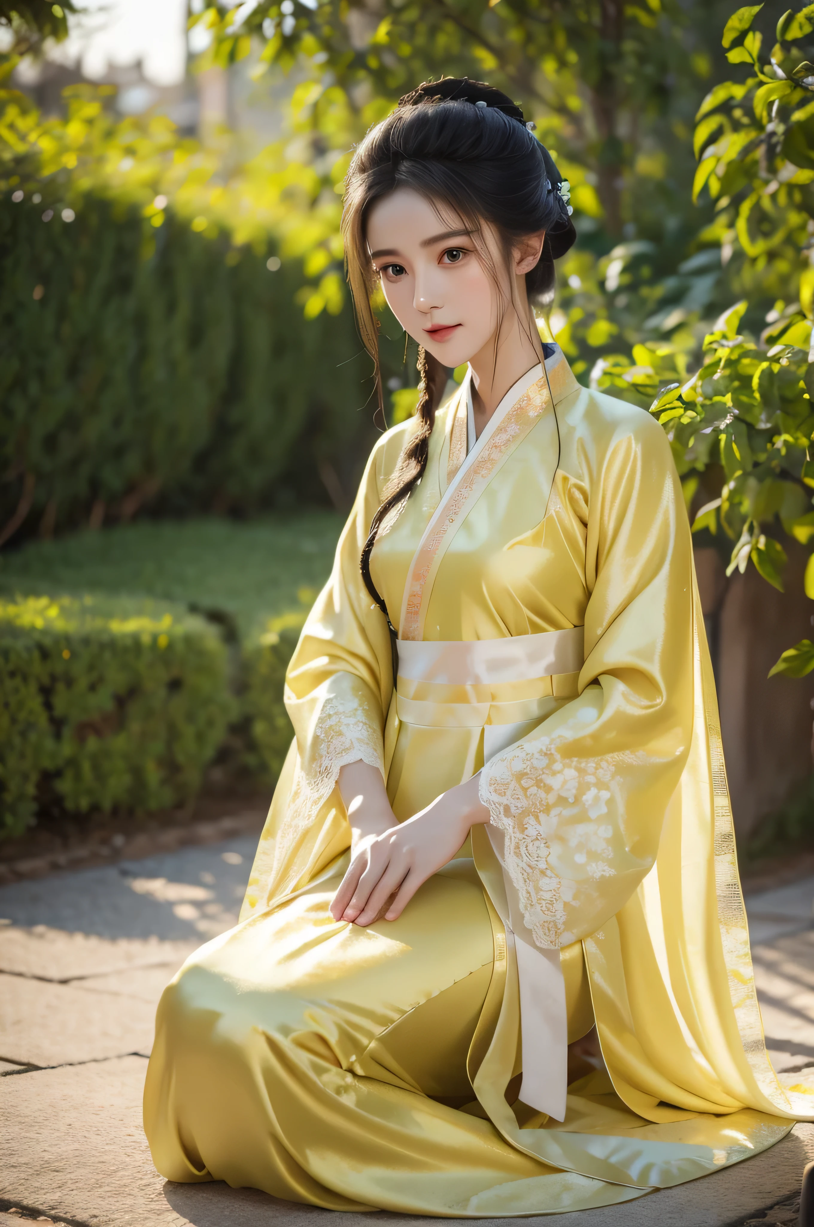 Fair, masterpiece, best quality, extremely detailed face,1 girl, alone，Light yellow silk lace Hanfu，whole body