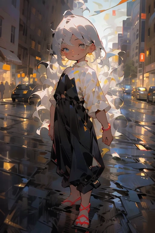 masterpiece, best quality, cute, kawaii, 1 girl,small kid,solo,silver brite hair,golden brite shining eyes,smile face,colorless,outside,standing in the middle of street,noisy town,midnight, many streetlight,wearing skiny pants and shirts, skin color dark brown