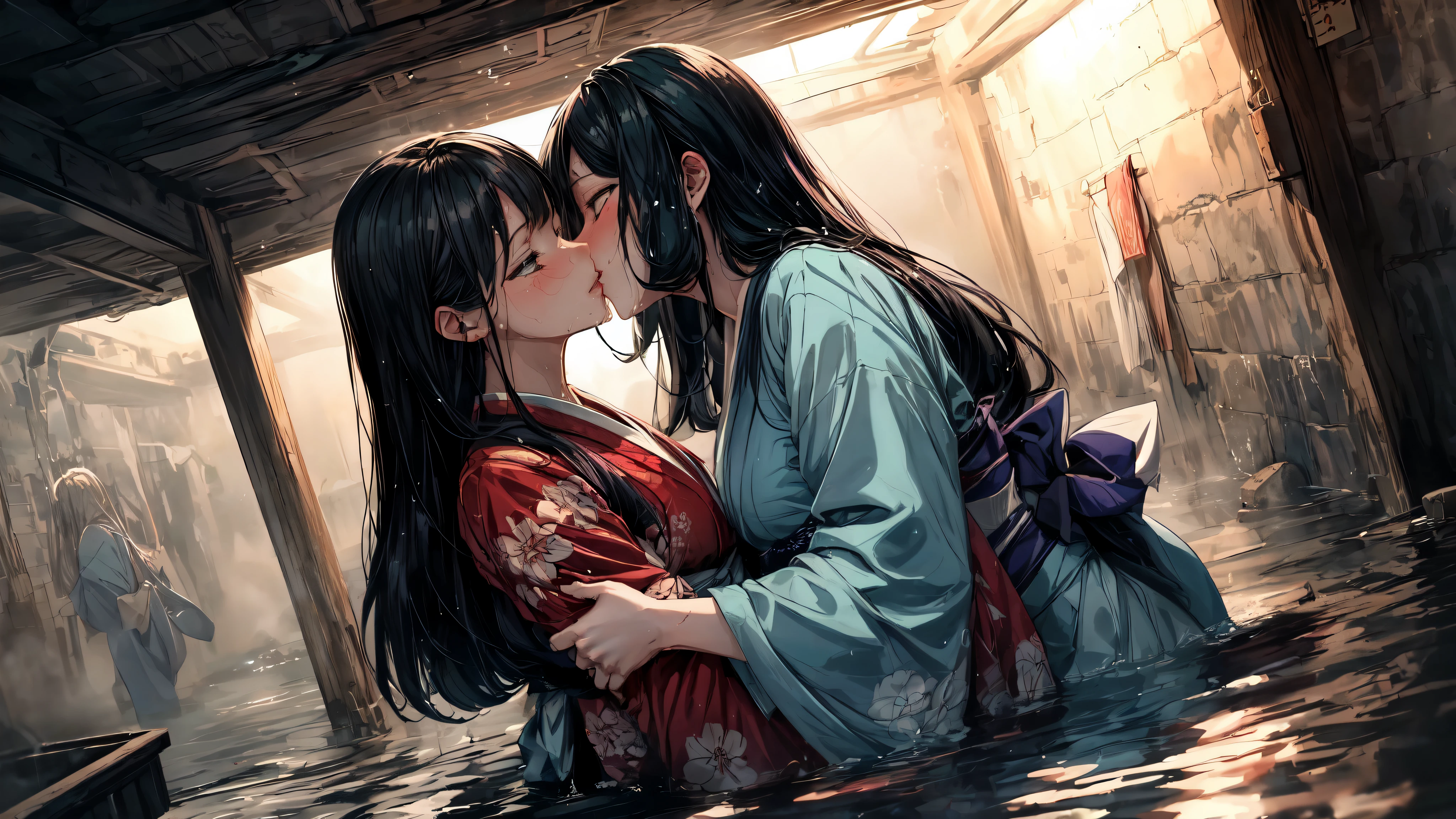 super quality, High resolution, intricate details, panoramic, Dutch Cape, (2 ) wear (Flower kimono), cotton kimono, (Red and cyan kimono:1.15), (Very big kimono, Yamato clothing sleeves, best cotton texture, Best Wrinkles on a Kimono), (Yuri, lesbian), (kiss, deep kiss, Embrace, gender:1.25), whole body, beautiful eyes, (Partially submerged:1.1),Part of the kimono in the water, (squirt, water column:1.1) (wet, very wet kimono, wet body, wet long black hair, wet kimono sleeve, wet kimono drees, wet skin:1.1), (clear mucus wrap, water droplets), immerse in water, Poignant and poignant, Smiling in despair, smile in sadness, Keep your mouth shut, (Beautiful and delicate water:1.1), (dark dungeon, 黑暗潮wet水牢, hermetic space:1.15), (a), dark light, light source, (An atmosphere of despair:1.15), (water mist), Inspired by the manga of Itcho Hanaya, pixiv contest winners, Ukiyo-e, Ukiyo-e art style, Ukiyo-e style, Japanese art style, Japanese illustrator,