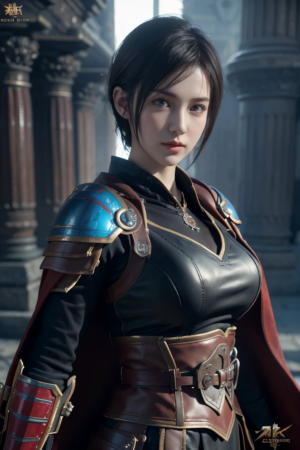 Masterpiece,Game art,The best picture quality,Highest resolution,8K,(Portrait),Unreal Engine 5 rendering works,(Digital Photography),
Girl,Beautiful pupil,(Gradual short hair is blue and red),Busty,(Big breasts),(Portrait photography:1.5),
(Soldiers of the ancient fantasy style),Ancient soldier armor,(The armor is inlaid with leather and metal,Combat accessories,Joint Armor,Cloak,A fine badge pattern on the dress,Red and black),Ancient fantasy style characters,
Movie lights，Ray tracing，Game CG，((3D Unreal Engine))，OC rendering reflection pattern