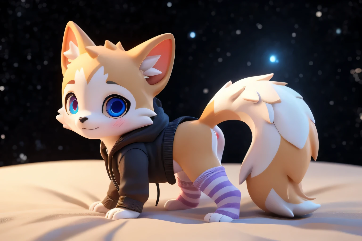 (((wilderness))), ((charming小蓝狐, miss, young)) have different colored eyes， chibi， charming，Shy, blush, logo design， The car has， movie lighting effects， ((3D vector art))， Cute and quirky， fantasy art， Bokeh， Hand Painted， number， soft light， Isometric风格， 4K resolution， photorealistic rendering， High level of detail cleaning， vector image， A lifelike masterpiece， Professional photography， simple space background， Flat white background， Isometric，Vibrant vector, , hoodie, bottomless pit, Fine hairs, Anisotropic fur gloss, ((subsurface scattering)), on the bed, ((The body is very wide)), ((animal genitals)), [[vein]], (on all fours), ((Show rear)), [anus],((Show rear)),[vaginal],big tail, ((Striped knee-length socks))