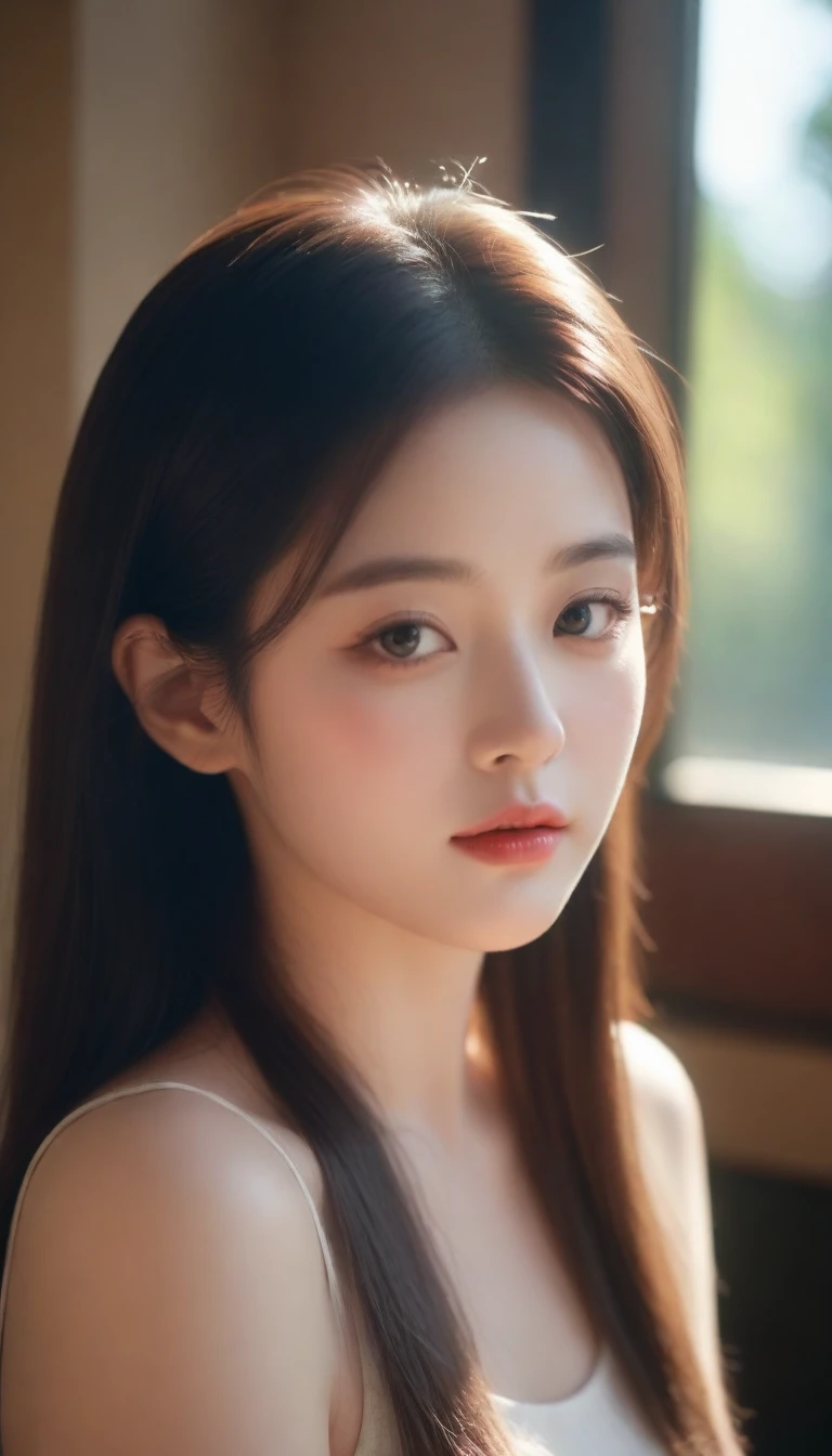 best quality, masterpiece), 1girl, dappled sunlight, indoors, glasses, shy, 1 girl, young girl, (goosebumps:0.7), beautiful face, (eyeliner, lipstick:0.9), 4k, 8k, uhd, hdr, detailed background, background