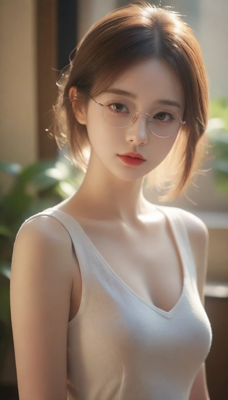 (best quality, masterpiece), 1girl, dappled sunlight, indoors, glasses, shy, 1 girl, young girl, (goosebumps:0.7), beautiful face, (eyeliner, lipstick:0.9), 4k, 8k, uhd, hdr, detailed background, background