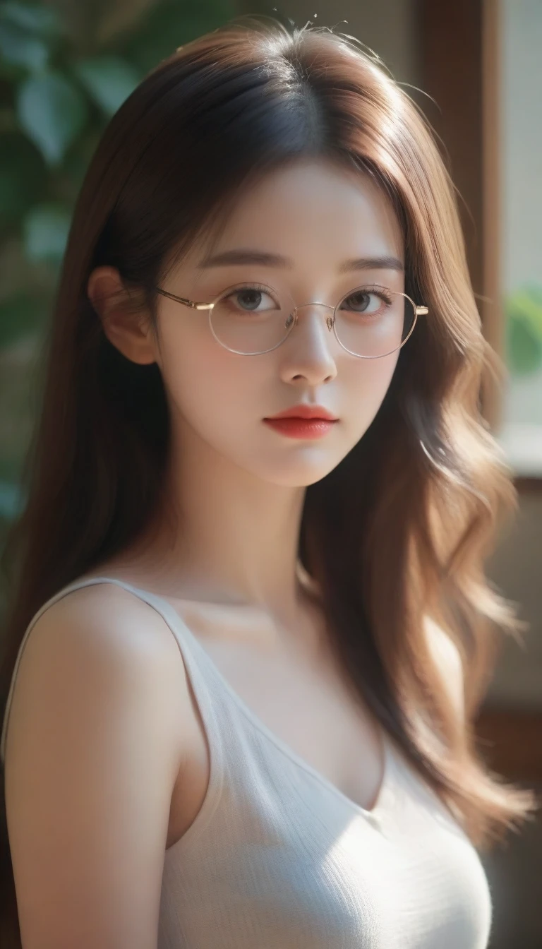 (best quality, masterpiece), 1girl, dappled sunlight, indoors, glasses, shy, 1 girl, young girl, (goosebumps:0.7), beautiful face, (eyeliner, lipstick:0.9), 4k, 8k, uhd, hdr, detailed background, background