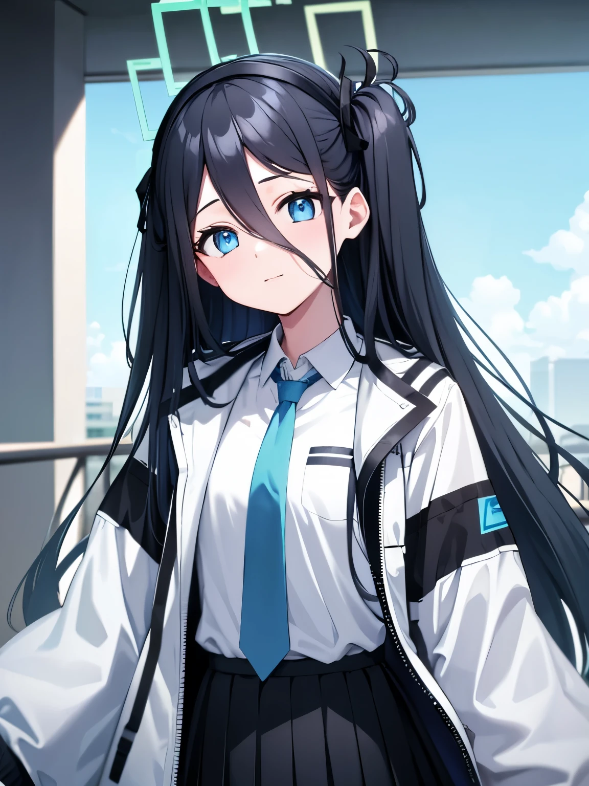 aris, black hair, blue eyes, hair between eyes, halo, long hair, one side up, hair ribbon,, necktie, blue necktie, jacket, skirt, , white shirt, collared shirt, black skirt, white jacket, long sleeves,