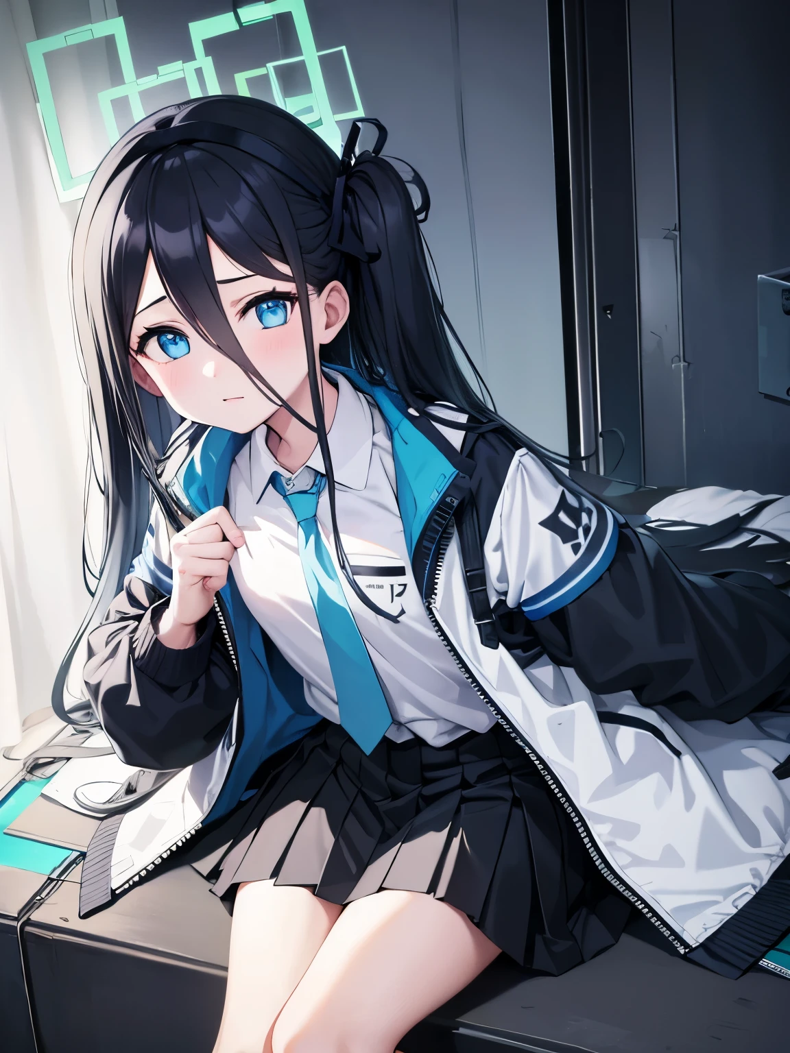 aris, black hair, blue eyes, hair between eyes, halo, long hair, one side up, hair ribbon,, necktie, blue necktie, jacket, skirt, , white shirt, collared shirt, black skirt, white jacket, long sleeves,