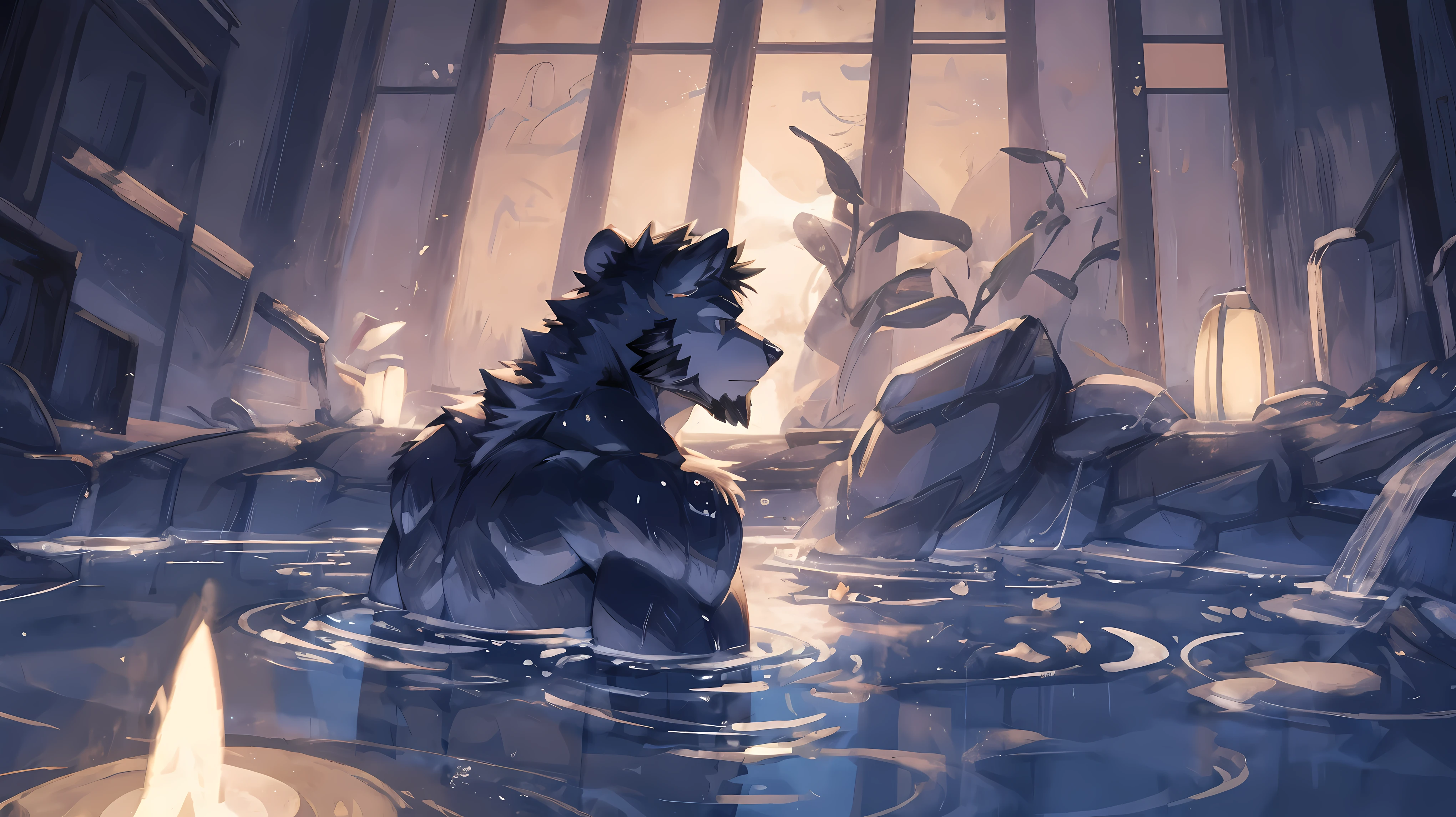 (masterpiece:1.2), best quality,pixiv,official art,perfect anatomy, (Ray tracing, light),solo, (1_male:1.3) , (muscle), (gray fur:1.4), (muscle bear), (beard:1.2), (gleaming golden eyes), Thick eyebrows, (naked:1.3) ,onsen, Japanese style , onsen ryokan, wet body, (fog:1.3) , full body, soak in the onsen ,water reflection