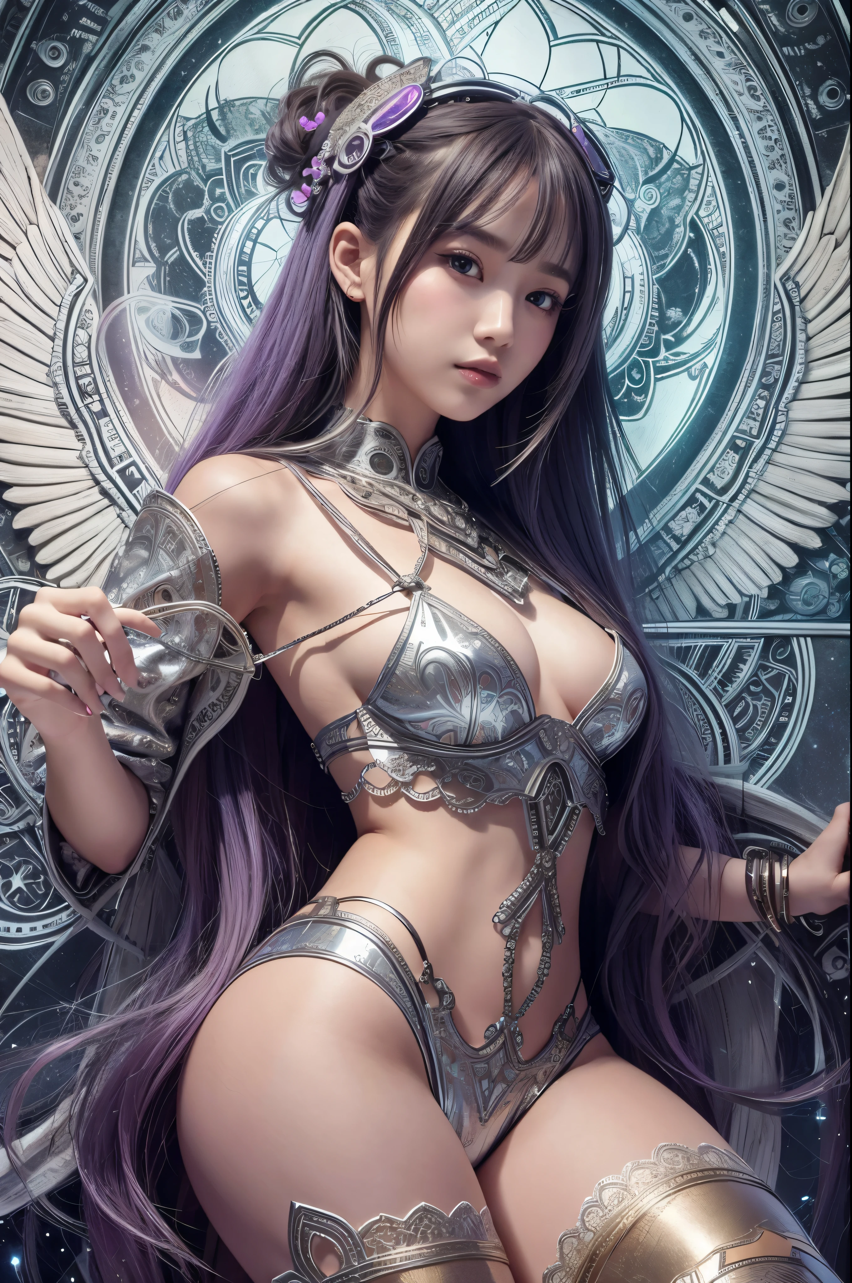 cyborg, girl, beautiful girl, cute, sexy, strong, thin, delicate, smile, (lolita costume), High leg, metallic, ultra color, paisley pattern, headgear, mandala, Near future, heaven, Angel, feather, wing, Helix lamp