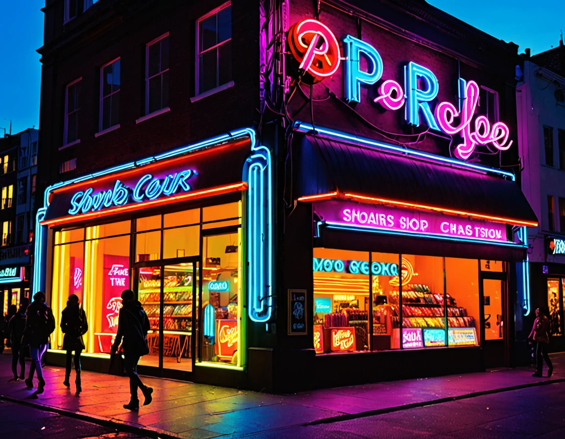 Create an image of a vibrant, bustling shop with a prominent, glowing neon sign. The scene should evoke a sense of energy and nightlife, with the sign acting as the focal point. Imagine a variety of colorful storefronts with lights spilling onto the bustling sidewalk, hinting at a lively city atmosphere.

Guidelines:

    The shop should have large display windows showcasing various products.
    The neon sign should be creatively designed, casting its glow onto the surroundings.
    Include a mix of people passing by: a couple window shopping, a group of friends laughing, and maybe a street performer in the background.
    Capture the essence of a modern, urban setting with a touch of retro charm thanks to the neon sign.
    The scene should be set in the evening, with the glow of the neon sign contrasting against the darkening sky.