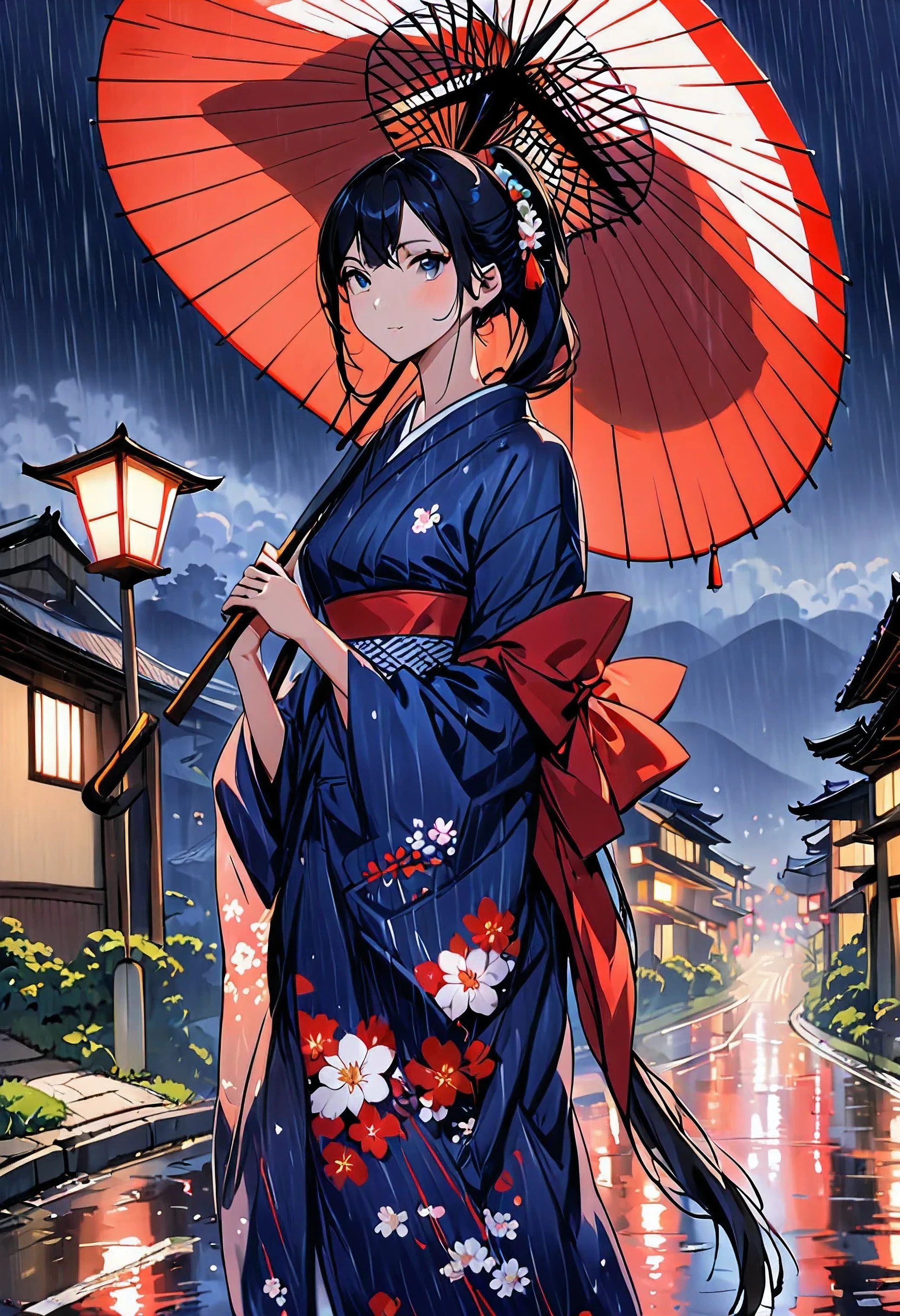 in the rain　Holding a Japanese umbrella　black hair　Japanese style road　beauty in return　Ai yukata　Ｄcup　skinny　Height is about 150cm　night　gaslight　long flowing straight hair　Ladylike　Are standing　Kyoto Pontocho　Looking back here　Kimono is not&#39;not very shiny