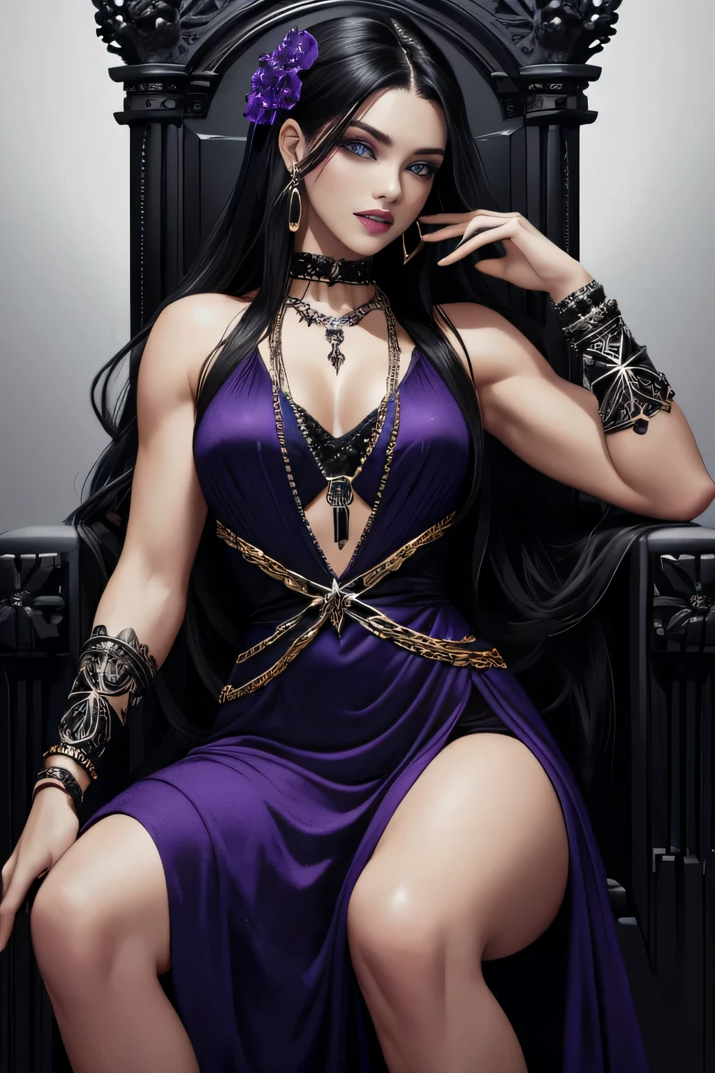 ( Masterpiece, 4k resolution, ultra-realistic, very detailed) a beautiful sexy evil woman with raven black hair, purple eyes, dark purple lips, golden hula hoop earings, a demonic skull necklece reveling dark blue dress with purple insides, sleeveless, with an opening on the chest and abdomen, dark blue boots, small chains accessories on her arms, black ring bracelets on her wrists (she is siting on a throne of skulls) full body in the style of realism, glistening skin, , natural lighting, Defined full lips. fitness feminine body. portrait photography by artgerm, in the style of realism, glistening skin, , natural lighting, Defined full lips. Muscular fitness feminine body,