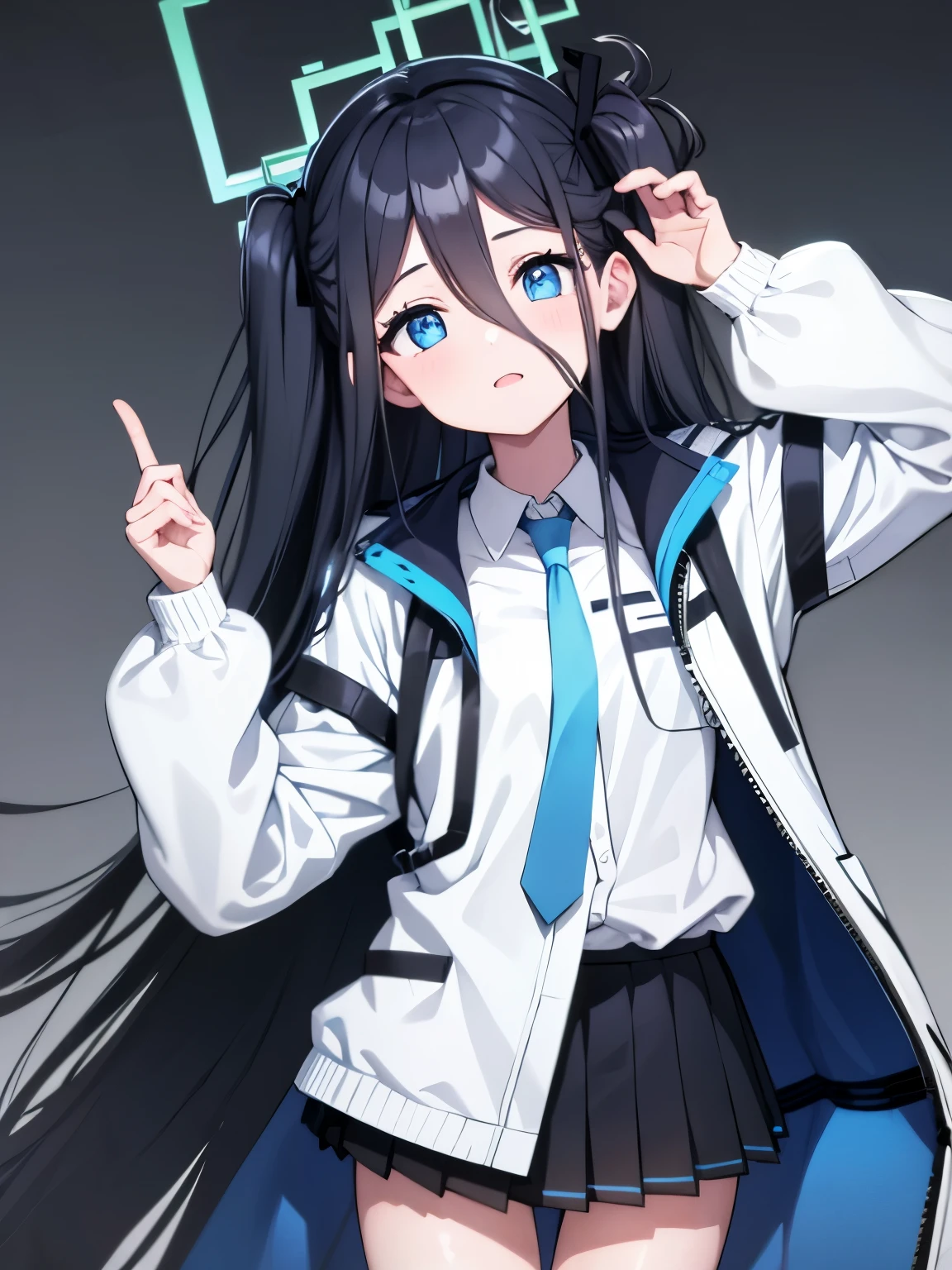 aris, black hair, blue eyes, hair between eyes, halo, long hair, one side up, hair ribbon,, necktie, blue necktie, jacket, skirt, , white shirt, collared shirt, black skirt, white jacket, long sleeves,