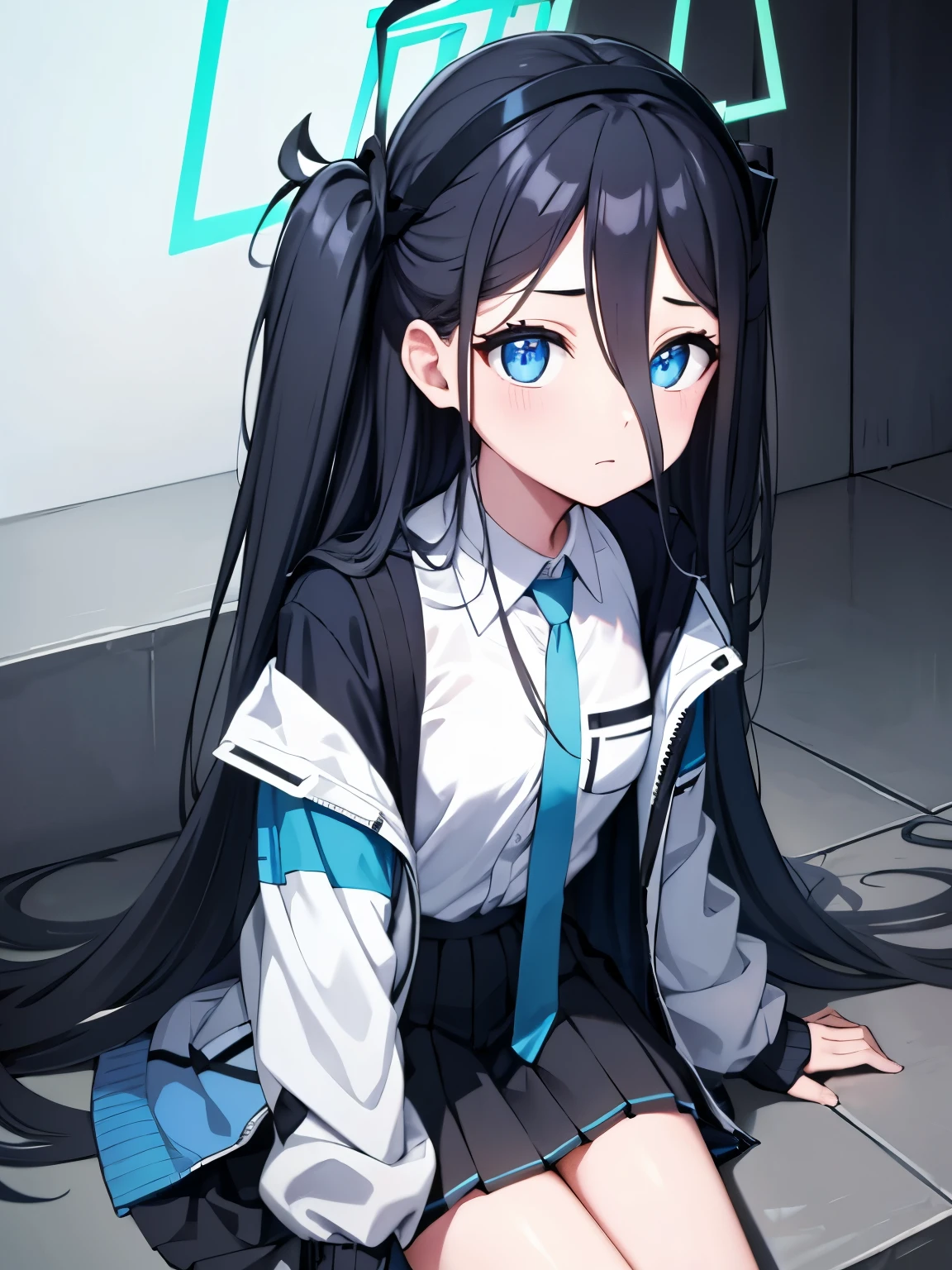 aris, black hair, blue eyes, hair between eyes, halo, long hair, one side up, hair ribbon,, necktie, blue necktie, jacket, skirt, , white shirt, collared shirt, black skirt, white jacket, long sleeves,