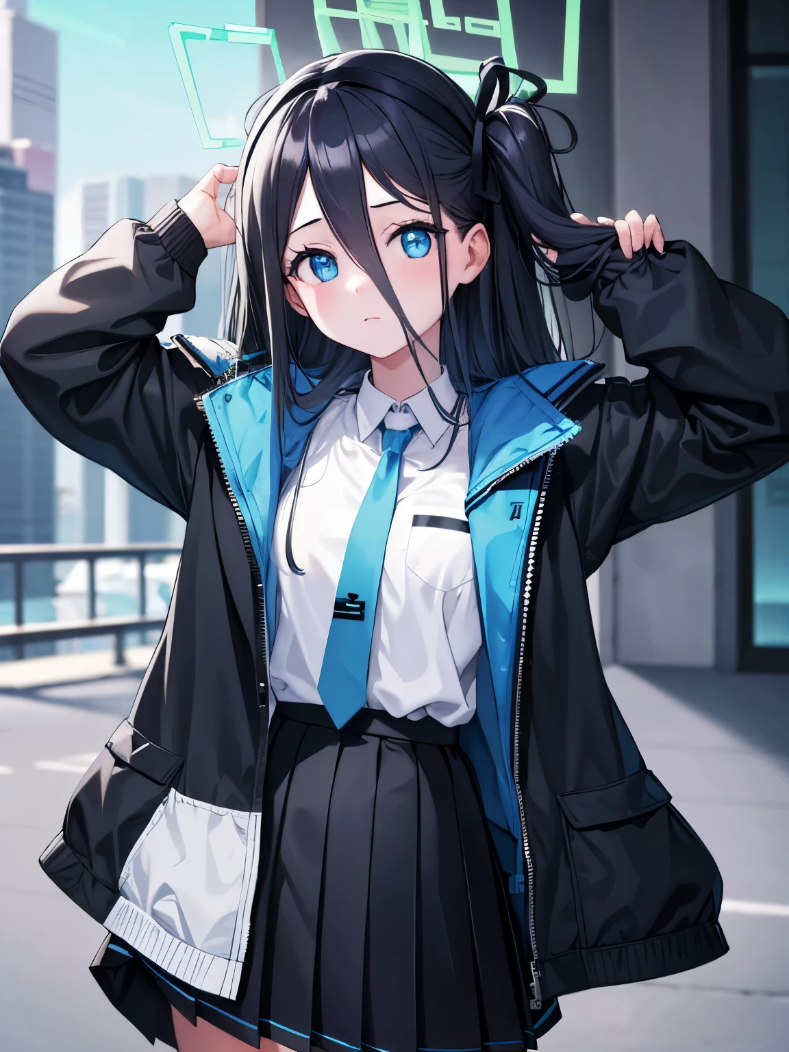 aris, black hair, blue eyes, hair between eyes, halo, long hair, one side up, hair ribbon,, necktie, blue necktie, jacket, skirt, , white shirt, collared shirt, black skirt, white jacket, long sleeves,