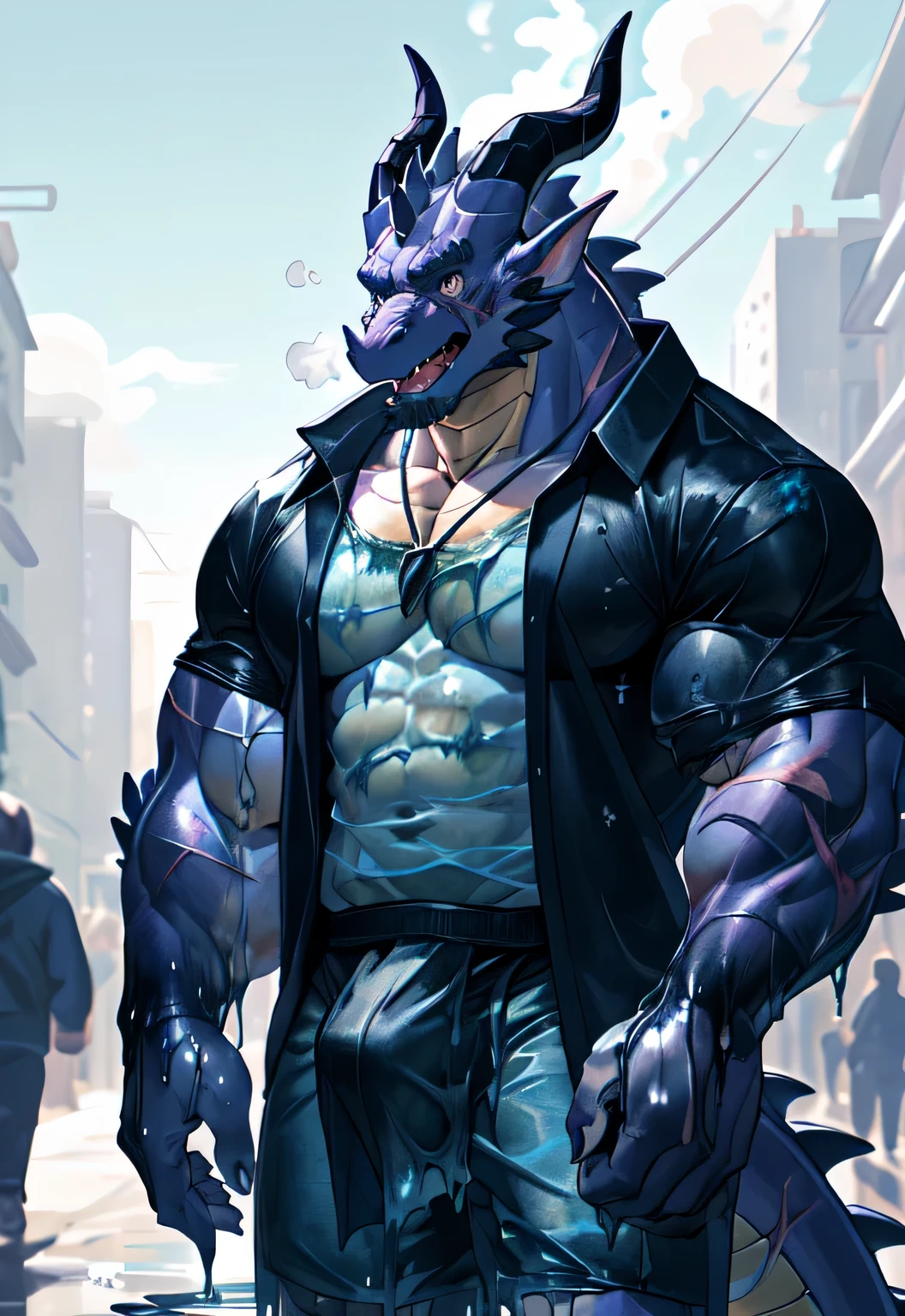 (black dragon),black fur, two colors, There are scars on the face, Wearing sunglasses on head,The necklace hangs around the neck,(muscle发达的身体:1.3), There are scars on the face, Handsome, OK,(There are scars on the face), (In the park),(Express),(Blue sky and white clouds),(There are scars on the face:1.2),look at screen,(dragon horn),(Dragon tail),perfect masterpiece,(16K),casual wear装,casual wear,full body clothing,alone,((Strong)),(hot),(双hand交叉),(dick:1.2),Perfect proportion,front,双hand交叉,Sweat,(双hand交叉:1.5),(hand:1.3),(Open your mouth slightly and breathe.:1.2),(imagine:1.5),(All my clothes are soaked through:1.8),Strong,muscle,There are dragon wings,bi-winged,more details,CG