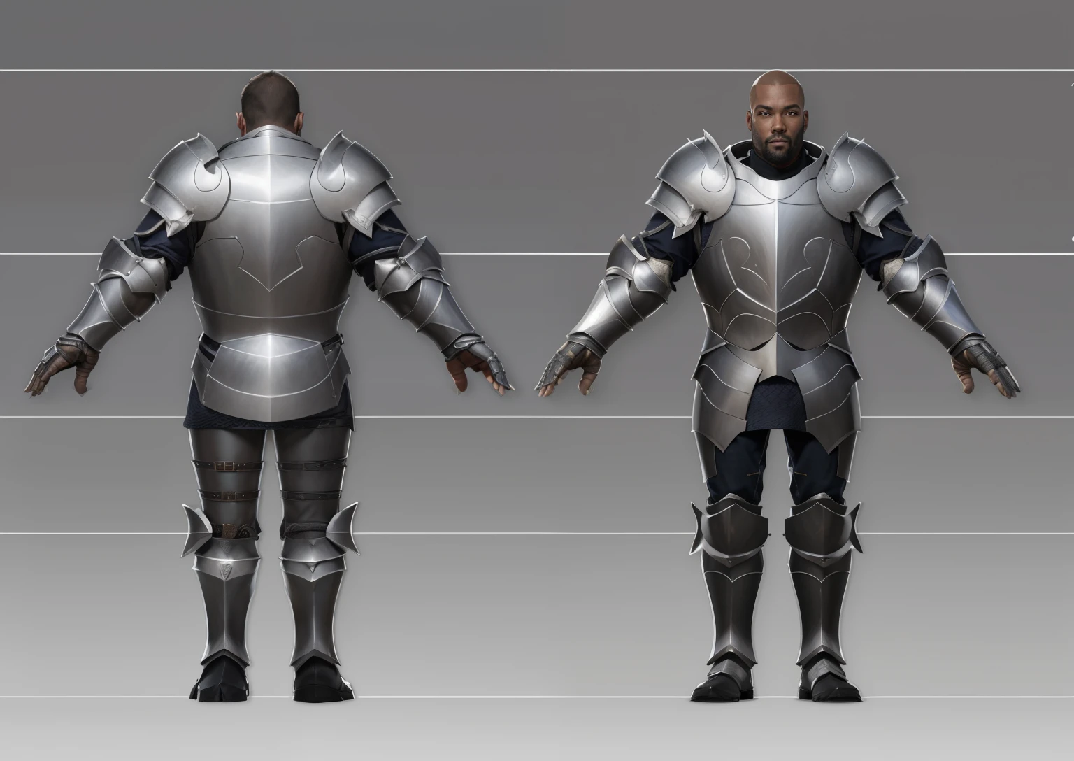 ( Realistic:1.33),(masterpiece:1.1),(highest quality:1.1),(HDR:1) a close up of a paladin with moonlit armor , full body concept, detailed full body concept, medieval paladin style character, full body character concept, new costume concept design, full body details, detailed full body concept art, full character body, character model sheet turnaround, fullbody shot turnaround, concept character sheet, full body concept art, reference model sheet , full body concept art, RPG style character, game character design, concept character, full body character concept art, 3d character reference sheet, male, video game character concept, detailed character design, character sheet, character model sheet turnaround , front and back, front and back, warrior armor, chainmail inside , medieval sleeve, (steel boot armor), moonlit shoulder armor, grey clean background, 3D character, ((detailed knee armor)), heavy armor