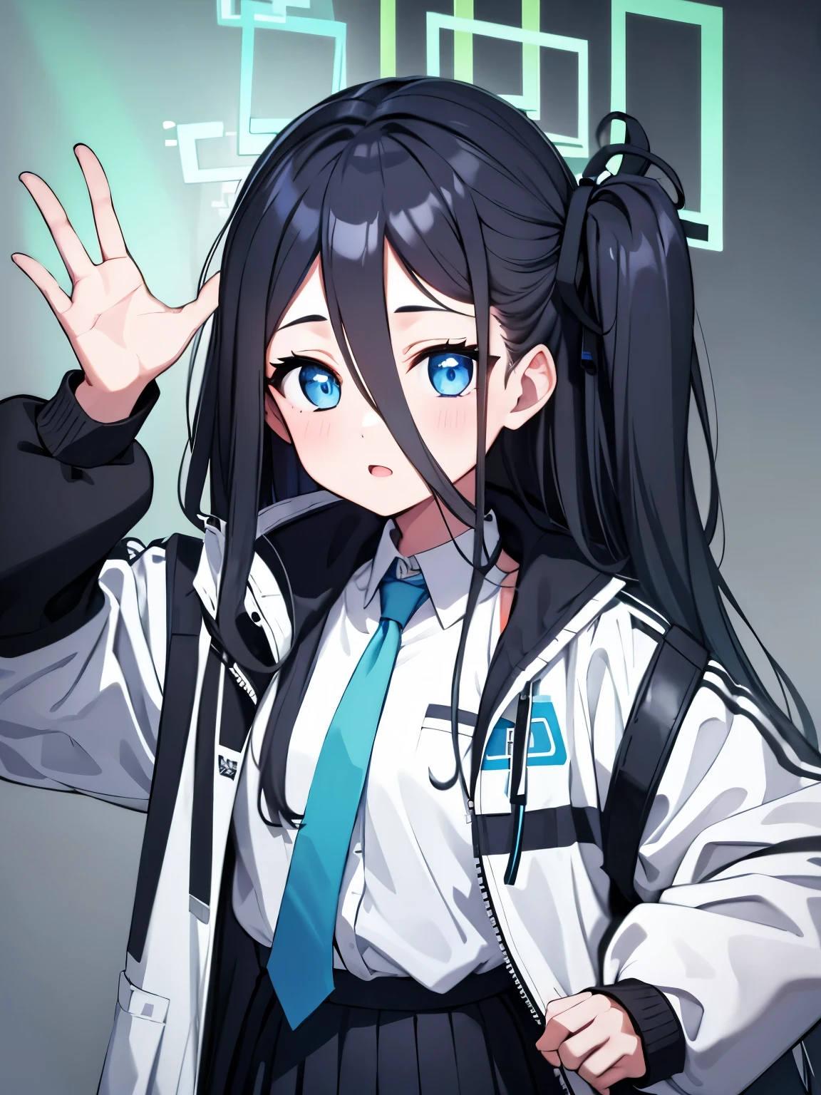 aris, black hair, blue eyes, hair between eyes, halo, long hair, one side up, hair ribbon,, necktie, blue necktie, jacket, skirt, , white shirt, collared shirt, black skirt, white jacket, long sleeves,