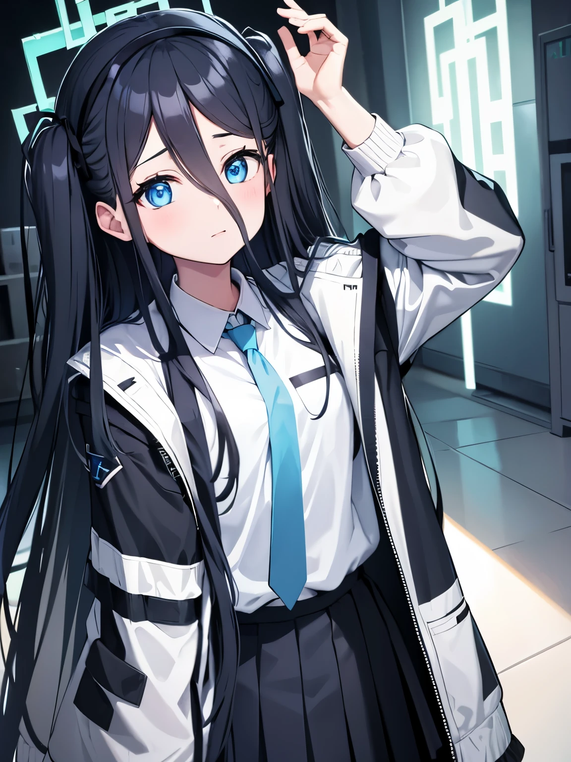 aris, black hair, blue eyes, hair between eyes, halo, long hair, one side up, hair ribbon,, necktie, blue necktie, jacket, skirt, , white shirt, collared shirt, black skirt, white jacket, long sleeves,