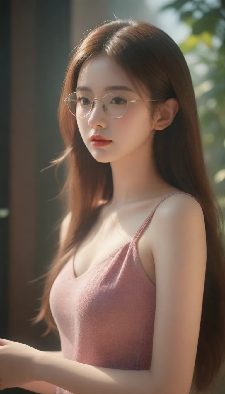 best quality, masterpiece), 1girl, dappled sunlight, indoors, glasses, shy, 1 girl, young girl, (goosebumps:0.7), beautiful face, (eyeliner, lipstick:0.9), 4k, 8k, uhd, hdr, detailed background, background