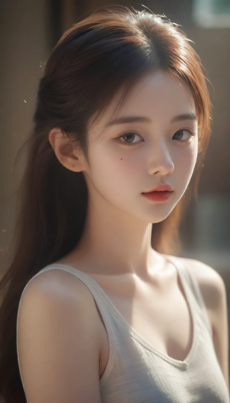 best quality, masterpiece), 1girl, dappled sunlight, indoors, glasses, shy, 1 girl, young girl, (goosebumps:0.7), beautiful face, (eyeliner, lipstick:0.9), 4k, 8k, uhd, hdr, detailed background, background