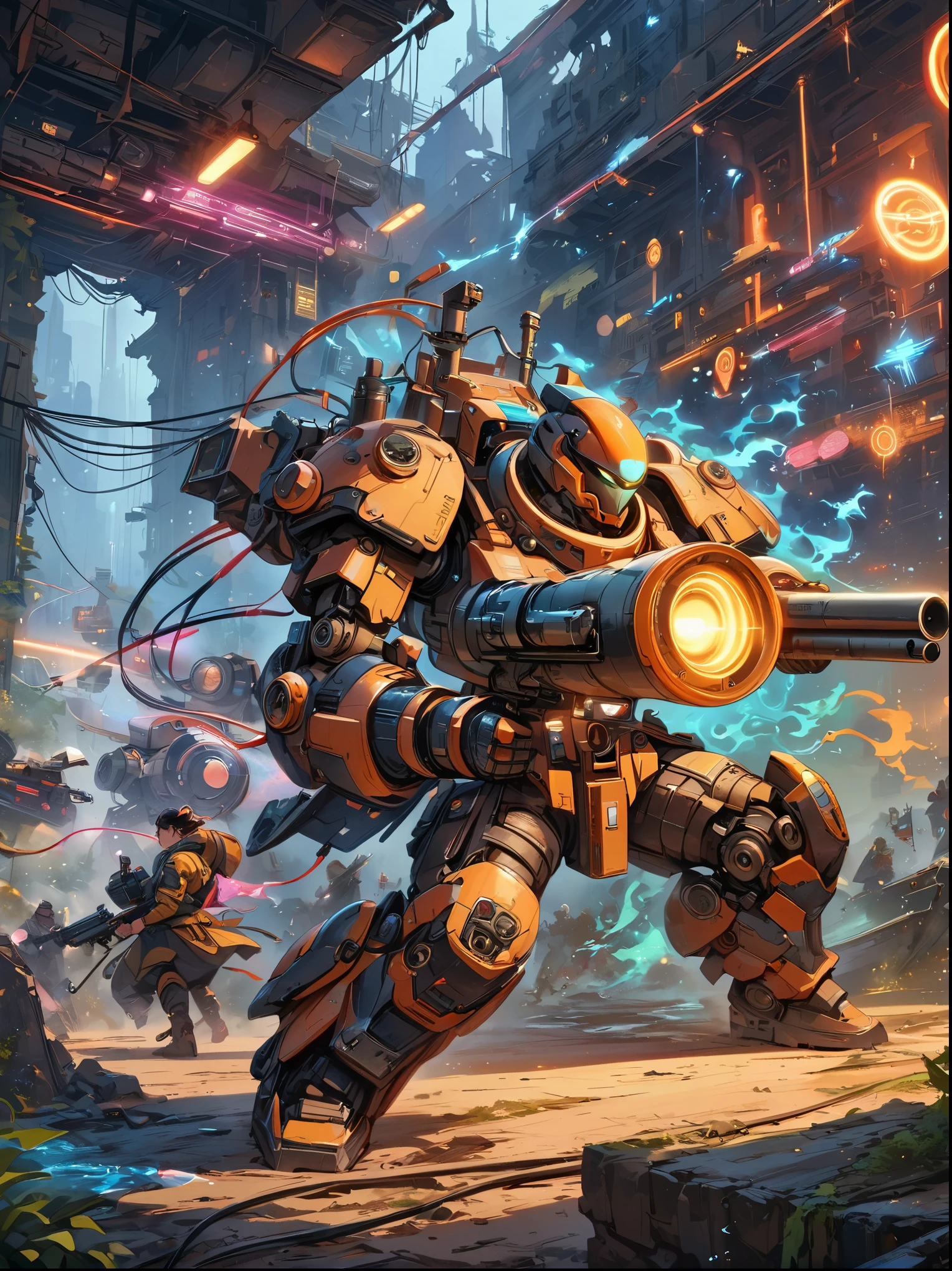 best picture quality,8k,high resolution,masterpiece,Super detailed,Realistic,ultra high definition,studio lighting,Super fine,Physical rendering,Extremely detailed description,major,Bright colors,female warrior,future,battlefield,steel体,Detailed mechanical parts,cable,gear,complex,atmosphere,Art Station Trend,Abnormal Art Trends,mechanized body,Holding a gun with one hand,(gun focus),Aim at the target,complex的细节,Neon light rays surround,Complex and detailed machinery,Meticulous facets,steel,chrome,polished metal,cable,piston,Servo motors,off-white,weathered,dieselpunk,oil slick,electric,fantasy