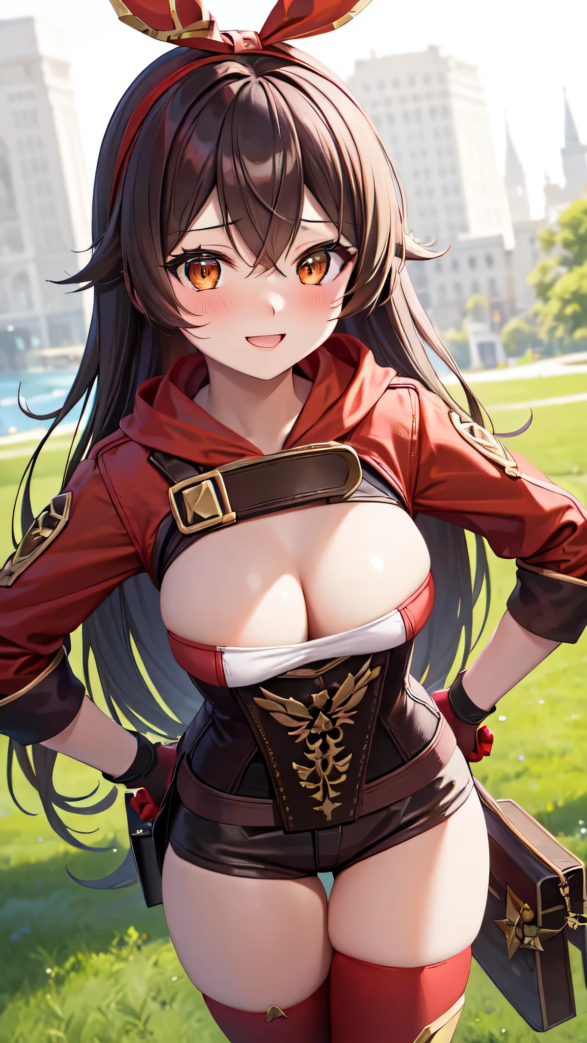 All intrincate details: "(Amber 5 stars, A smile, red blush, plein air, tag, simple background, very sexy)"