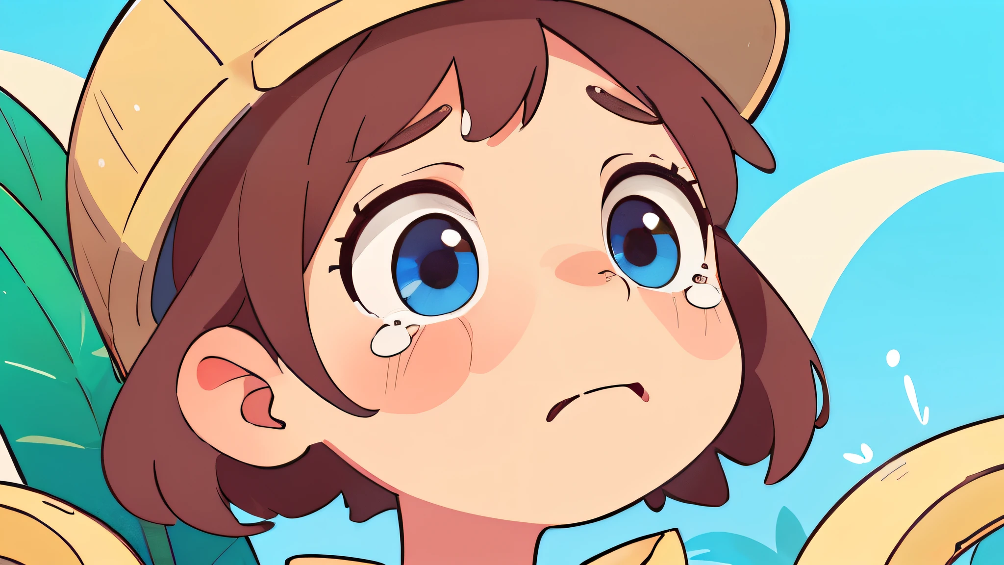 crying, tears, sad, banana hat, bananas background pattern, banana tree, blueish background, high detailed, fornite banana costume, shooting, explosion, high contrast, high saturation, guns, bananas, crying, big eyes, super close view, portrait, close up, front, girly brown hair, blue eyes