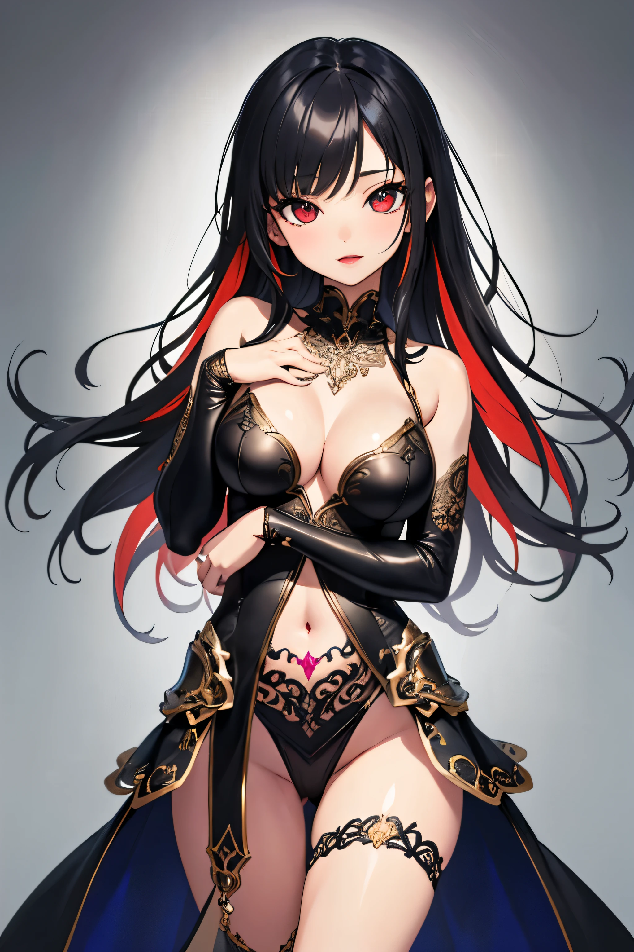 1girl, anime, cute girl, blank background, white background, fantasy, detailed fantasy dress with highlights, beautiful face, beautiful eyes, dark colors, black hair with multicolor streaks, red eye with different color pupil in eye, multicolor eye, medium small breasts (slightly big), slight cleavage, beautiful skin, cute, breast curtains, extremely delicate and beautiful, (beautiful detailed face:1.0), (detailed deep eyes), symmetrical breasts, deep eyes, shiny skin, portrait, slender waist, hips wider than shoulders, thighs, expressionless, young girl, luminous eyes, adorable,(Kpop idol),(aegyo sal:1),(Platinum blonde hair:1),((puffy eye)),Black panty,sexy posture,Superskirt, ultra high resolution,Black collar,slim figure, Abdominal y tattoo, womb tattoo,Tight-fitting leg ring,y tattoo on half-body,Bare skin, Armored hand,Hidden fingertips,Hand covered,Arm covered,Fist covered,{{beautiful detailed fingers}}, tufts of hair, moderate beautiful breast:1.0,(masterpiece:1.2), best quality, high-res, HDR, perfect face, intricate armor, delicate blue filigree, intricate filigree, red metalic parts, detailed part, dynamic pose, dynamic lights,