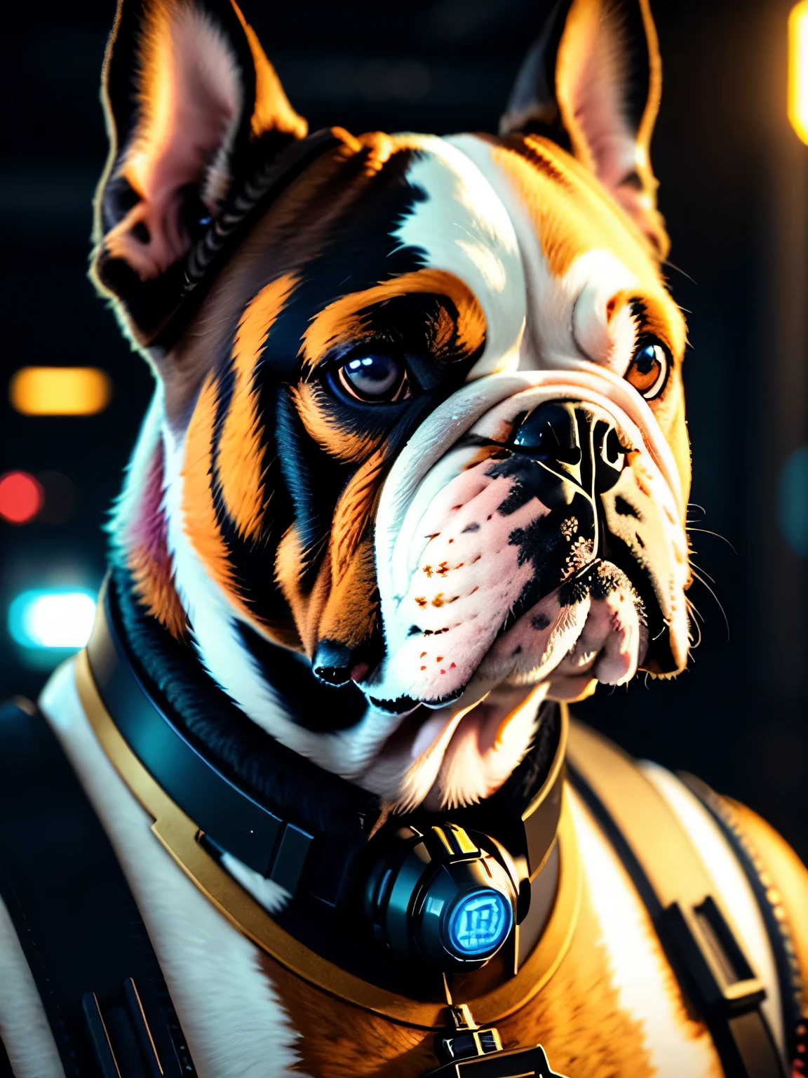 a beautiful portrait of a cute cyberpunk bulldog, cyberpunk animal, multicolor scheme, high key lighting, volumetric light, digital art, highly detailed, fine detail, intricate, ornate, complex, octane render, unreal engine, photorealistic
