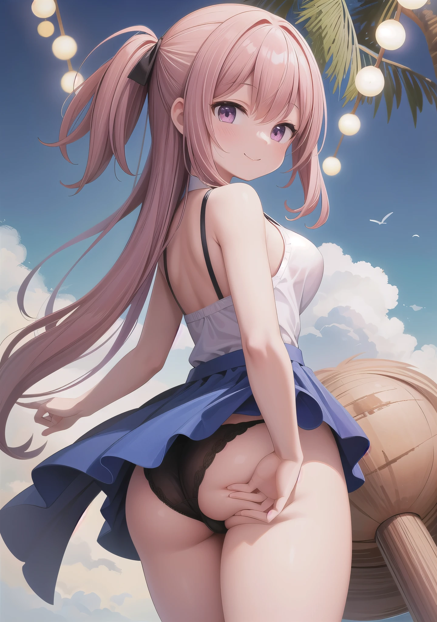 back view, big butt, stick out one&#39;s butt, show panties, 1 girl, alone, smile, looking at the viewer,, masterpiece, 最high quality:1.4,high quality, be familiar with,