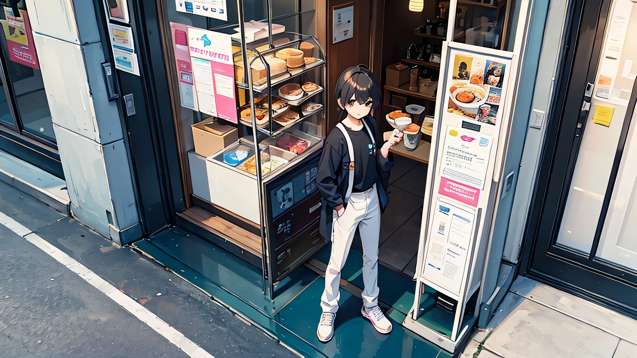 2k，super clear，people in street，In front of the milk tea shop，standing posture，flyer in hand，looking at the flyer，top view