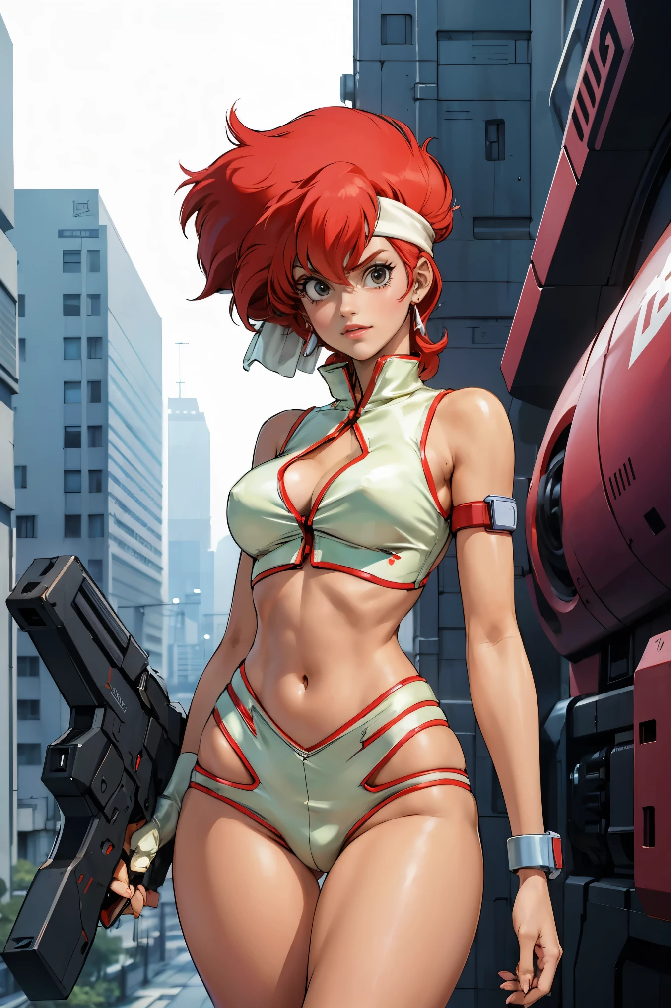 Kei from The Dirty Pair, , wearing a tight outfit, skimpy, medium breast, red hair beauty, cyberpunk city background, holding retro space-gun, headband, slim waist, slim thighs, thigh gap