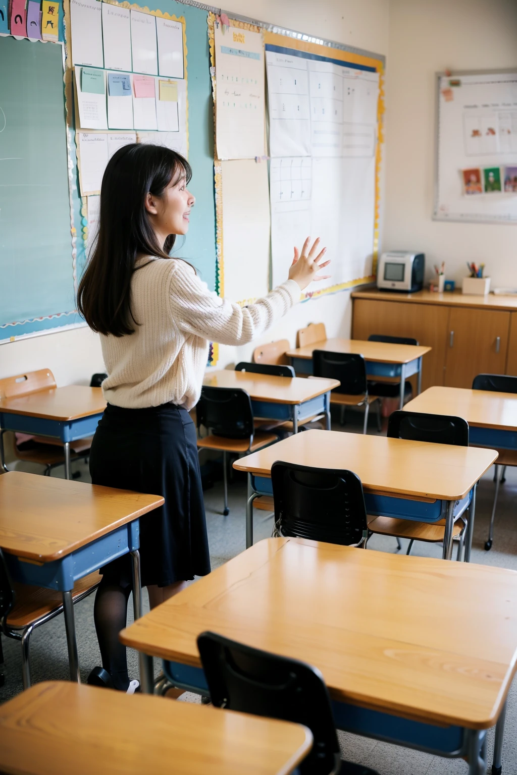 in first grade classroom，The teacher asks questions to the students，Everyone raised their hands enthusiastically，I stood up and answered the teacher&#39;s questions