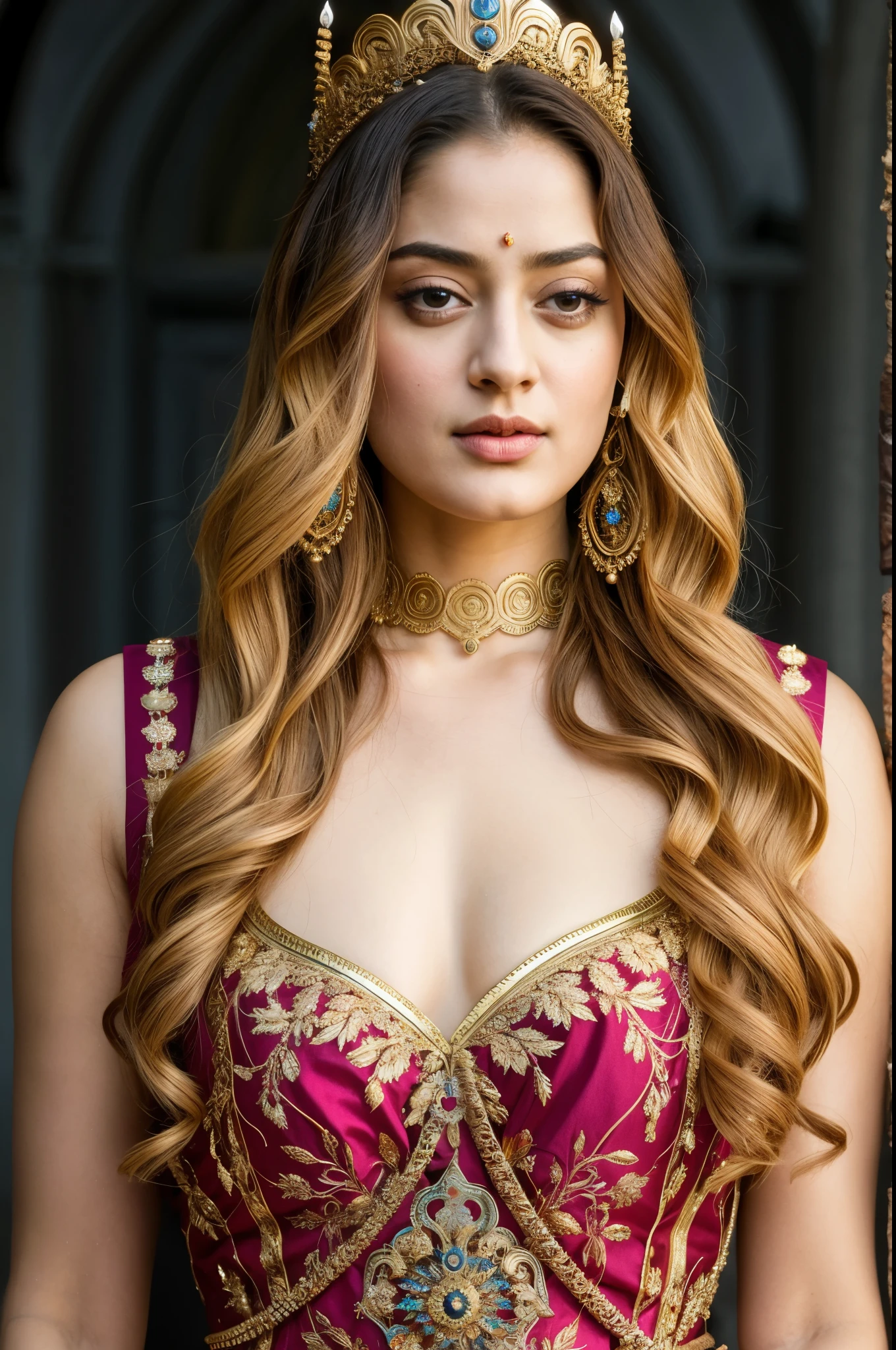 Looks like Sandeepa Dhar, "Design an illustration of a stunning and powerful warrior queen with a regal presence. She should possess a combination of strength and grace. Imagine her in ornate, yet practical armor that complements her figure. The armor should be adorned with intricate details and symbols representing her royal lineage and warrior prowess. Her weapon of choice could be a unique and elegant sword or a mythical weapon that reflects her status as a formidable leader.

Her facial features should exude confidence and determination, with piercing eyes that convey both fierceness and wisdom. The queen's hair, whether long or short, should flow dynamically, hinting at her movement in battle. Consider incorporating elements that emphasize her connection to nature or a mythical realm, such as ethereal backgrounds, symbolic animals, or mystical symbols.

Pay attention to the color palette; use rich, bold colors that enhance her royal aura. Experiment with lighting to highlight specific details and create a sense of drama. Ensure that her posture and expression capture the essence of a queen who commands respect and admiration. Feel free to draw inspiration from historical warrior queens or fictional characters, blending elements to create a unique and captivating image."