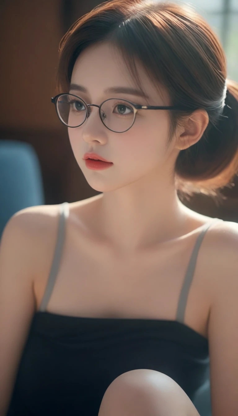best quality, masterpiece), 1girl, dappled sunlight, indoors, glasses, shy, 1 girl, young girl, (goosebumps:0.7), beautiful face, (eyeliner, lipstick:0.9), 4k, 8k, uhd, hdr, detailed background, background