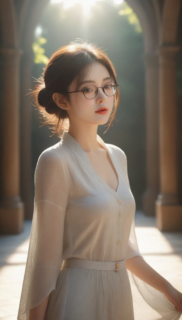 best quality, masterpiece), 1girl, dappled sunlight, indoors, glasses, shy, 1 girl, young girl, (goosebumps:0.7), beautiful face, (eyeliner, lipstick:0.9), 4k, 8k, uhd, hdr, detailed background, background
