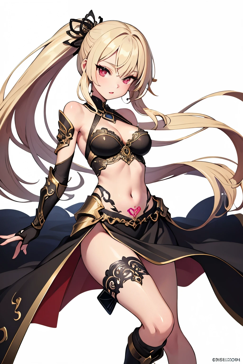 1girl, anime, cute girl, blank background, white background, fantasy, detailed fantasy dress with highlights, beautiful face, beautiful eyes, dark colors, black hair with multicolor streaks, red eye with different color pupil in eye, multicolor eye, medium small breasts (slightly big), slight cleavage, beautiful skin, cute, breast curtains, extremely delicate and beautiful, (beautiful detailed face:1.0), (detailed deep eyes), symmetrical breasts, deep eyes, shiny skin, portrait, slender waist, hips wider than shoulders, thighs, expressionless, young girl, luminous eyes, adorable,(Kpop idol),(aegyo sal:1),(Platinum blonde hair:1),((puffy eye)),Black panty,sexy posture,Superskirt, ultra high resolution,Black collar,slim figure, Abdominal y tattoo, womb tattoo,Tight-fitting leg ring,y tattoo on half-body,Bare skin, Armored hand,Hidden fingertips,Hand covered,Arm covered,Fist covered,{{beautiful detailed fingers}}, tufts of hair, moderate beautiful breast:1.0,(masterpiece:1.2), best quality, high-res, HDR, perfect face, intricate armor, delicate blue filigree, intricate filigree, red metalic parts, detailed part, dynamic pose, dynamic lights,