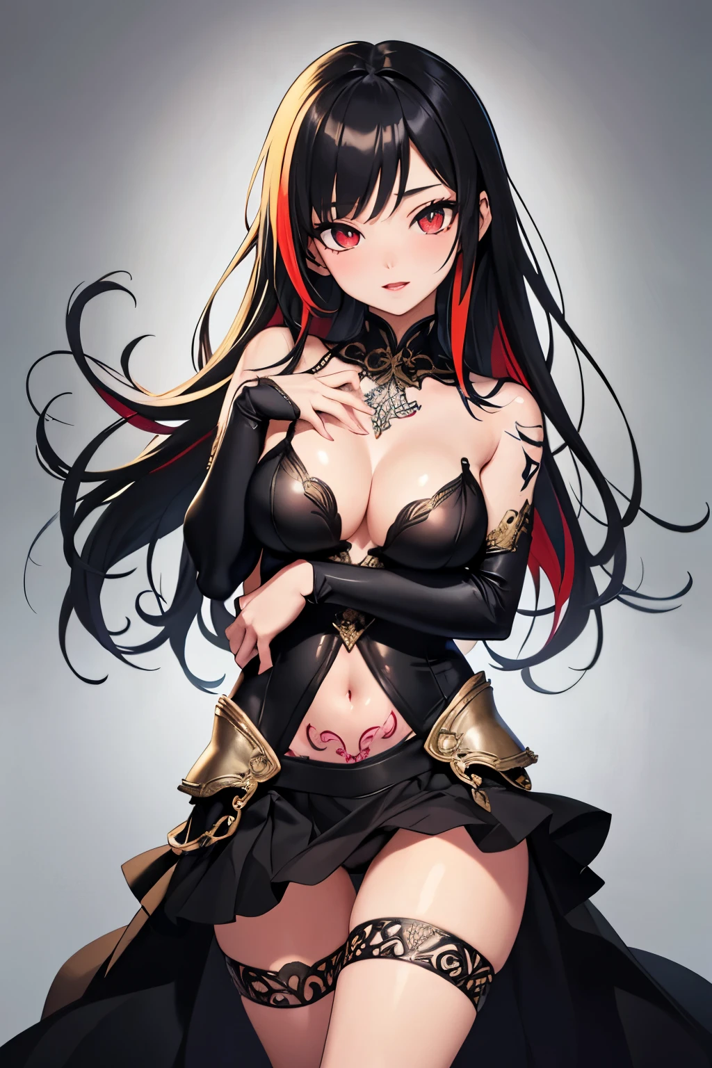 1girl, anime, cute girl, blank background, white background, fantasy, detailed fantasy dress with highlights, beautiful face, beautiful eyes, dark colors, black hair with multicolor streaks, red eye with different color pupil in eye, multicolor eye, medium small breasts (slightly big), slight cleavage, beautiful skin, cute, breast curtains, extremely delicate and beautiful, (beautiful detailed face:1.0), (detailed deep eyes), symmetrical breasts, deep eyes, shiny skin, portrait, slender waist, hips wider than shoulders, thighs, expressionless, young girl, luminous eyes, adorable，（Kpop idol）,（aegyo sal：1），（Platinum blonde hair：1），（（puffy eye）），Black panty，sexy posture，Superskirt, ultra high resolution，Black collar，slim figure, Abdominal y tattoo, womb tattoo，Tight-fitting leg ring，y tattoo on half-body，Bare skin, Armored hand，Hidden fingertips，Hand covered，Arm covered，Fist covered,{{beautiful detailed fingers}}, tufts of hair, moderate beautiful breast:1.0,(masterpiece:1.2), best quality, high-res, HDR, perfect face, intricate armor, delicate blue filigree, intricate filigree, red metalic parts, detailed part, dynamic pose, dynamic lights,