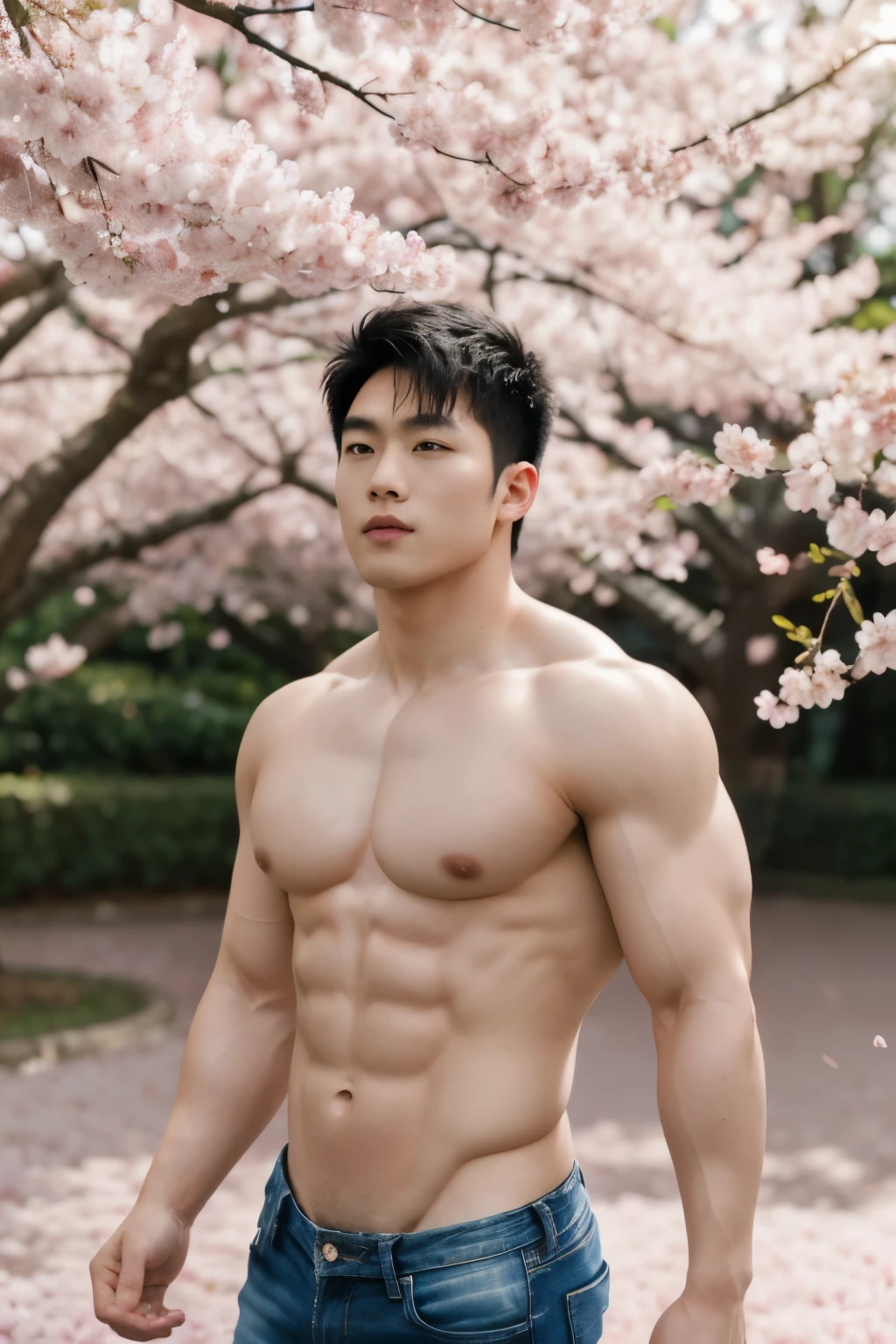 Asian posing in a cherry blossom garden, bodybuilder, angry face, medium shot, (superflat lighting:1.4), light behind the camera, shirtless, wearing black jeans, lower perspective