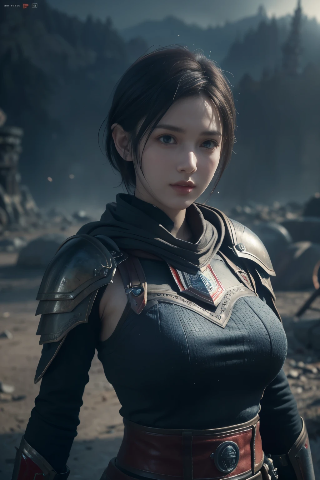 Masterpiece,Game art,The best picture quality,Highest resolution,8K,(Portrait),Unreal Engine 5 rendering works,(Digital Photography),
Girl,Beautiful pupil,(Gradual short hair is blue and red),Busty,(Big breasts),(Portrait photography:1.5),
(Soldiers of the ancient fantasy style),Ancient soldier armor,(The armor is inlaid with leather and metal,Combat accessories,Joint Armor,Cloak,A fine badge pattern on the dress,Red and black),Ancient fantasy style characters,
Movie lights，Ray tracing，Game CG，((3D Unreal Engine))，OC rendering reflection pattern