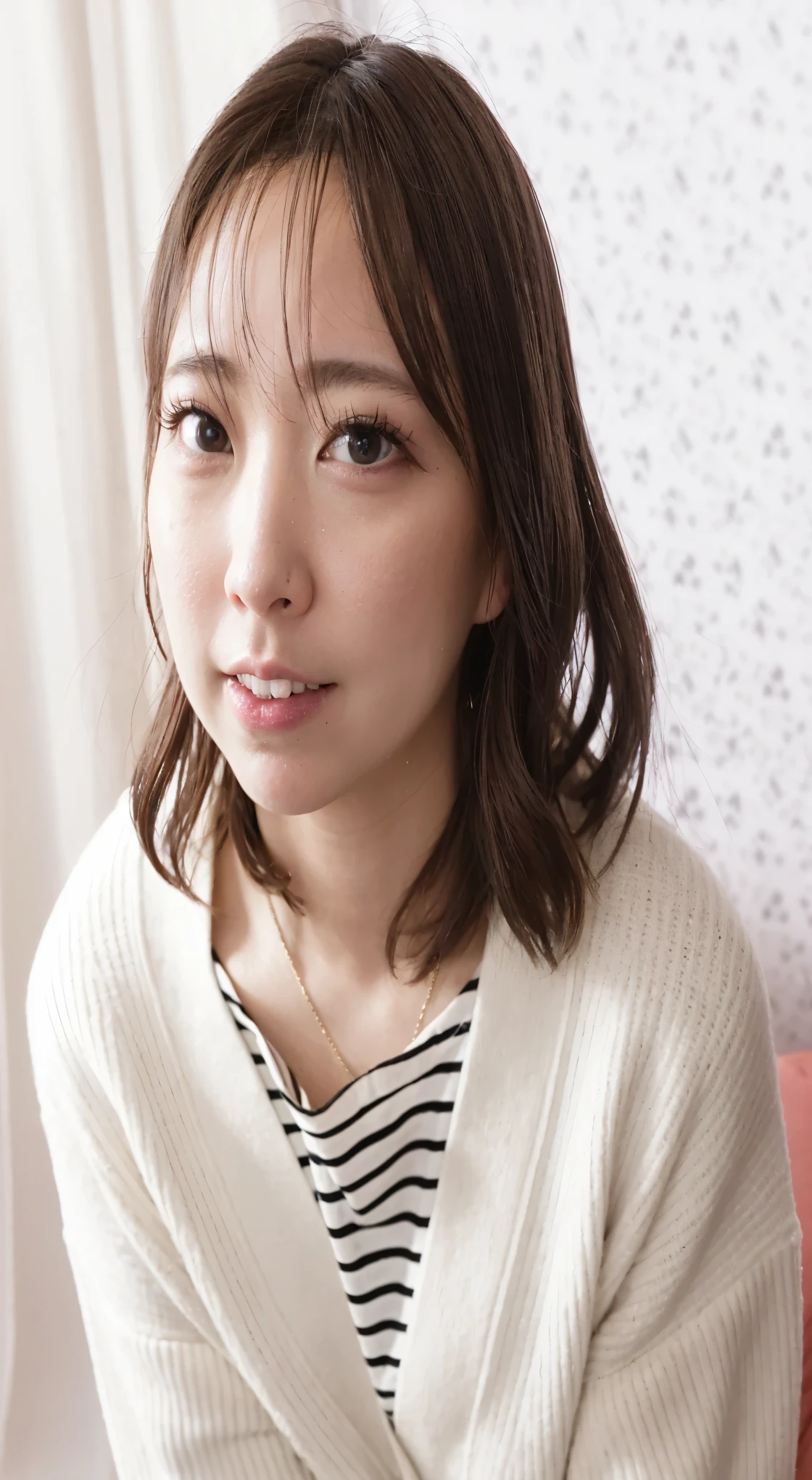 arafed asian woman sitting on a pink couch with a white sweater, chiho, taken with canon eos 5 d, with short hair, narumi kakinouchi, taken with canon eos 5 d mark iv, taken with a canon eos 5d, taken with a canon eos 5 d, Yoshitomo Nara, harumi